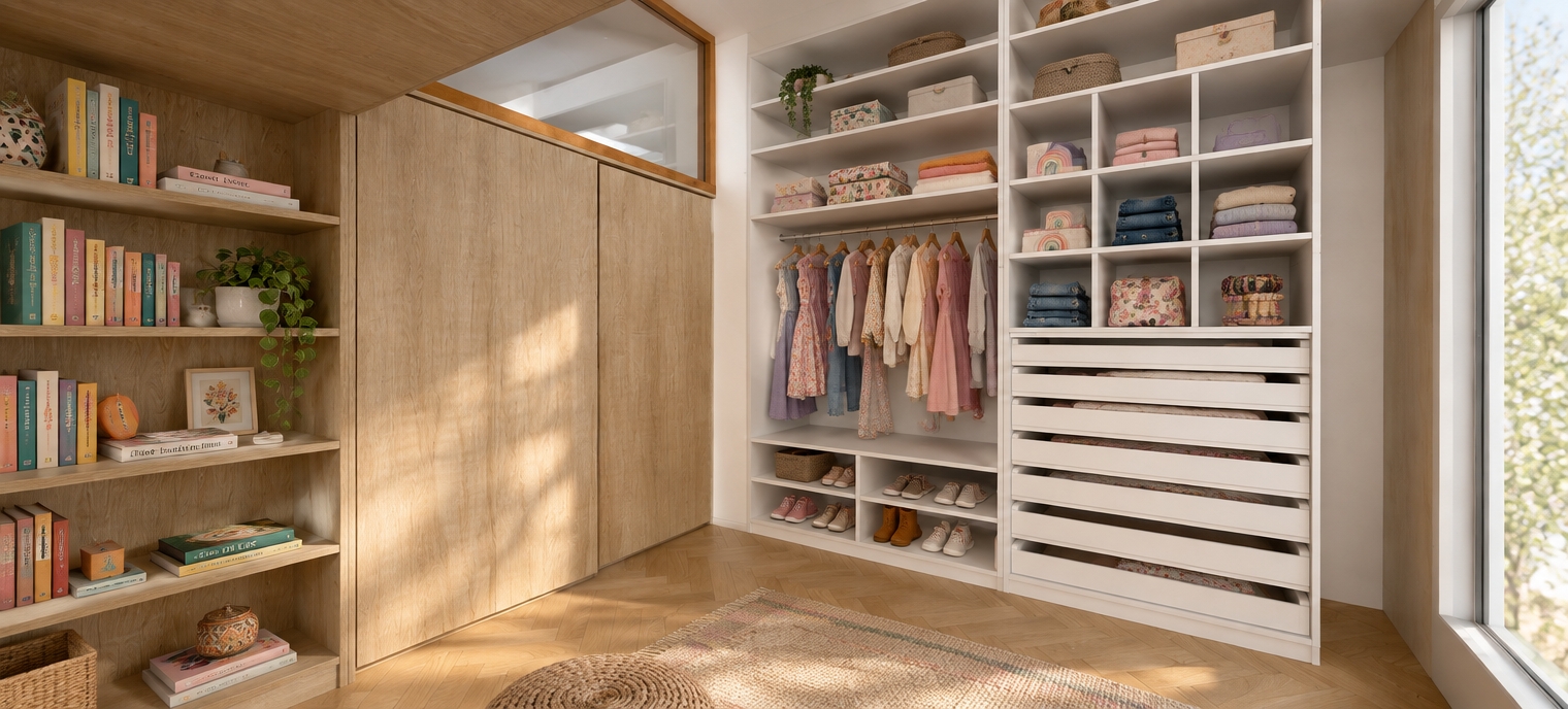 An incredibly lifelike, richly detailed, photorealistic interior shot of a sophisticated walk-in closet set in a bohemian oasis. The scene is illuminated by soft, natural afternoon light filtering through the adjacent window, creating a serene and airy atmosphere. Captured with a 24mm wide-angle lens, emphasizing the intricate textures of the white melamine shelving contrasted against the warm, organic grain of the Faplac Helsinsky wood finish.

The room features a warm oak herringbone floor that anchors the space, leading the eye toward the custom floor-to-ceiling cabinetry. To the left, a built-in library in Helsinsky wood is curated with a colorful collection of books, adding a personal, lived-in touch. The primary closet unit features crisp, matte white melamine drawers and open shelving, currently organized with a young girl’s wardrobe: delicate pastel sweaters, folded denim, and playful patterned accessories neatly stacked on the shelves. Above the wooden cabinets, a sleek clerestory glass section reflects the soft ambient light, enhancing the sense of verticality. The blend of structural modernism and warm bohemian accents creates a tranquil retreat that feels both organized and deeply inviting.
