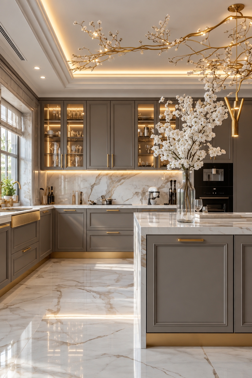 An architectural interior photograph of the luxury kitchen captured with a full-frame tilt-shift lens, maintaining the exact layout, geometry, and materials from the original image. Balanced lighting blends the warm 3000K glow from cove and integrated cabinet LEDs with soft, diffused daylight entering from the left. Polished Calacatta marble surfaces exhibit authentic depth with subtle specular highlights, clear reflections, and faint surface variations, contrasting against the matte tactile finish of the taupe cabinetry and brushed brass accents. Natural glass clarity with delicate reflections in the display cabinets, authentic organic translucency in the white floral centerpiece, gentle lens falloff, faint vignetting, and fine photographic sensor grain combine to remove the synthetic finish, rendering the scene as a crisp, published architectural photograph.