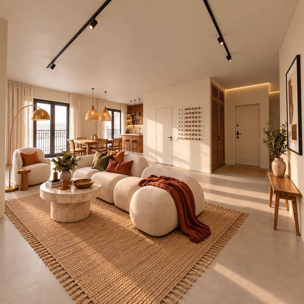 For Photo 1: Replace the painting by the door with a wall panel like the one in Photo 2. Remove the accent lighting, keeping it only in the bathroom and entryway. Swap the rug for a mat with fringe. Keep the room's proportions as they are. Leave everything else in the photo unchanged.