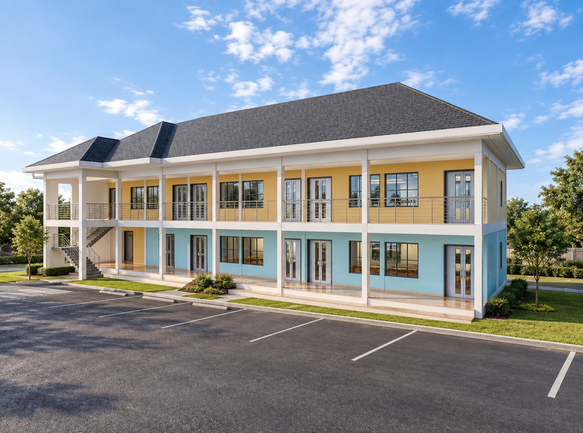 An incredibly lifelike, richly detailed, photorealistic wide-angle architectural exterior shot of a modern two-story educational facility set in a sun-drenched, open campus environment. The scene is illuminated by the soft, directional light of a late morning sun, creating a welcoming and professional atmosphere. Captured with a 35mm lens, the image emphasizes the crisp textures of the smooth, pastel-colored stucco facade—alternating between warm ochre and cool cerulean—contrasted against the deep, matte charcoal of the hipped shingle roof. The building features an elegant, rhythmic arrangement of large-paned windows and glass-paneled entry doors, while a sleek brushed-steel railing lines the expansive second-story balcony. The structure sits atop a meticulously paved, high-quality asphalt parking lot that stretches toward the foreground with subtle, realistic variations in texture. Landscaping elements, such as neatly manicured patches of verdant lawn and a few strategically placed ornamental trees, soften the clean lines of the building’s porch and exterior stairs. The composition highlights the functional yet contemporary elegance of the design, with the soft, blue sky reflecting slightly off the polished glass surfaces, imbuing the entire scene with a sense of quiet productivity and architectural harmony.