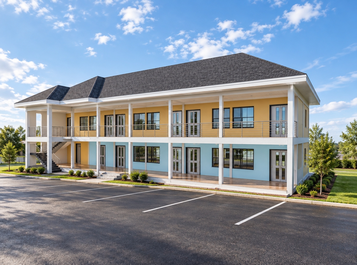 An incredibly lifelike, richly detailed, photorealistic wide-angle architectural exterior shot of a modern two-story educational facility set in a sun-drenched, open campus environment. The scene is illuminated by the soft, directional light of a late morning sun, creating a welcoming and professional atmosphere. Captured with a 35mm lens, the image emphasizes the crisp textures of the smooth, pastel-colored stucco facade—alternating between warm ochre and cool cerulean—contrasted against the deep, matte charcoal of the hipped shingle roof. The building features an elegant, rhythmic arrangement of large-paned windows and glass-paneled entry doors, while a sleek brushed-steel railing lines the expansive second-story balcony. The structure sits atop a meticulously paved, high-quality asphalt parking lot that stretches toward the foreground with subtle, realistic variations in texture. Landscaping elements, such as neatly manicured patches of verdant lawn and a few strategically placed ornamental trees, soften the clean lines of the building’s porch and exterior stairs. The composition highlights the functional yet contemporary elegance of the design, with the soft, blue sky reflecting slightly off the polished glass surfaces, imbuing the entire scene with a sense of quiet productivity and architectural harmony.