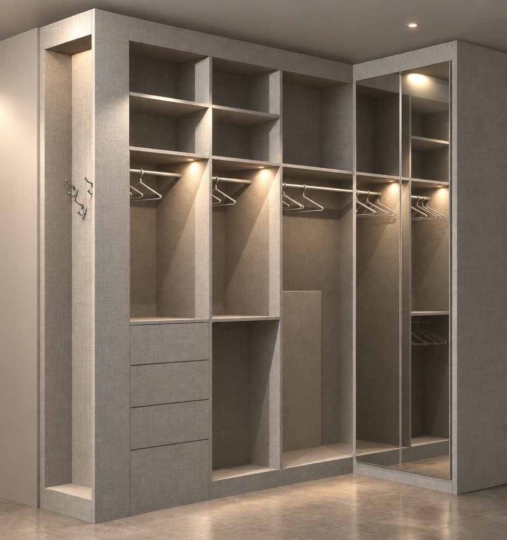 An incredibly lifelike, richly detailed, photorealistic interior shot of a bespoke custom wardrobe system set in a minimalist haven. The scene is illuminated by recessed warm LED spotlights casting elegant, directional shadows against the textured fabric-finish panels, creating a serene and sophisticated atmosphere. Captured with a professional architectural lens, the image emphasizes the tactile, cross-hatched weave of the light-gray cabinetry and the clean, geometric precision of the open shelving.

This functional masterpiece serves as the anchor of a zen-inspired space, defined by a palette of cool grays and muted whites. The composition highlights a seamless transition from deep, open hanging sections to a column of smooth, handle-less drawers, balanced by a floor-to-ceiling mirrored panel that reflects the depth of the room. Clutter-free and streamlined, the design prioritizes visual quietude, perfectly complementing the surrounding minimalist aesthetic where hidden storage meets high-end craftsmanship. The interplay of soft, diffused light across the modular structure creates an elegant, orderly retreat that feels both spacious and meticulously curated.