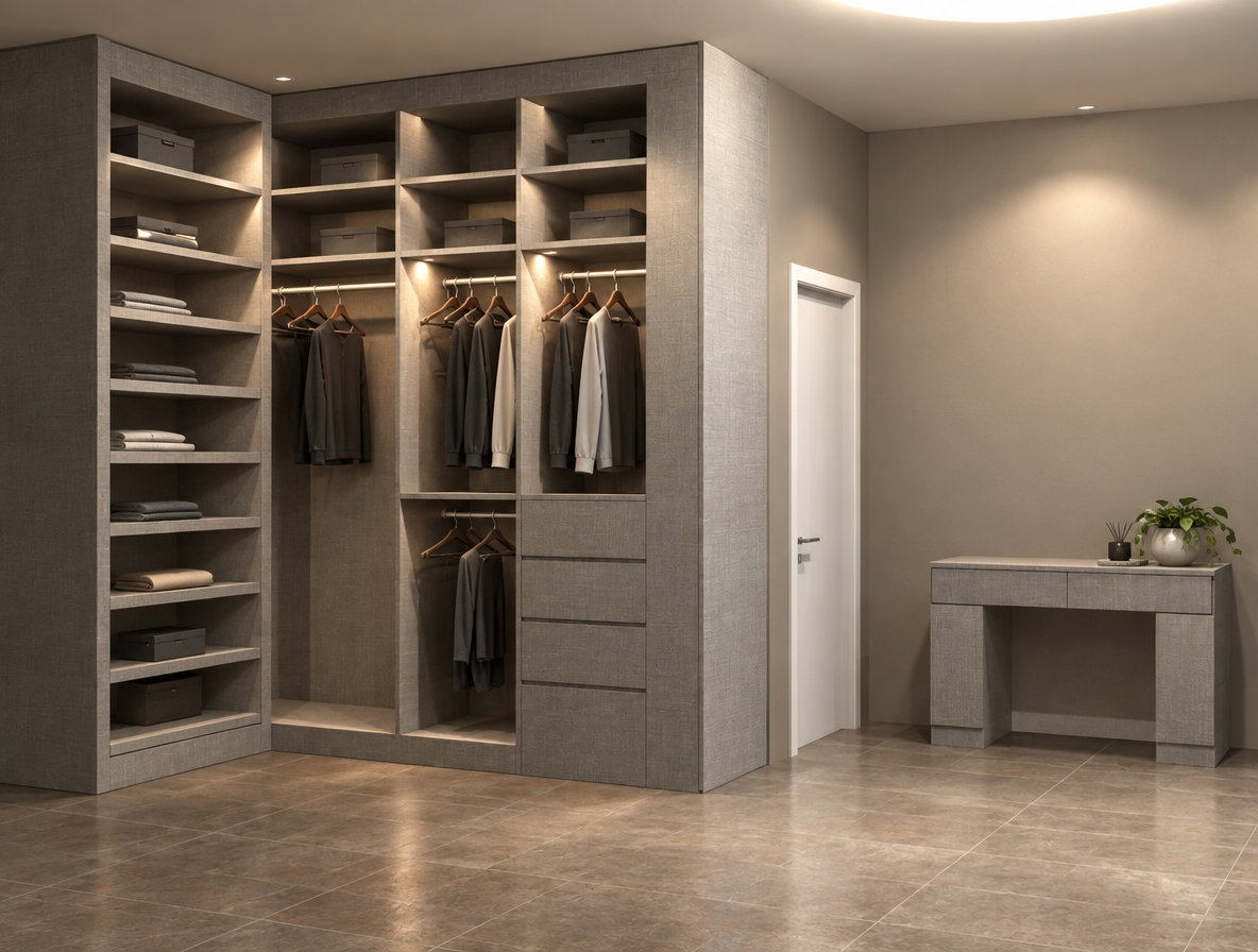 An incredibly lifelike, richly detailed, photorealistic interior shot of a minimalist master dressing suite set in a serene, urban home. The scene is illuminated by soft, recessed LED accent lighting and a warm, diffused ambient glow, creating a tranquil and uncluttered atmosphere. Captured with a 35mm wide-angle lens, the image emphasizes the refined, textile-like grey grain of the custom floor-to-ceiling cabinetry and the cool, matte finish of the adjacent vanity console. 

The composition highlights a zen-inspired aesthetic, where the clean lines of the structured storage system meet a monochromatic palette of muted greys and off-whites. Beside a crisp, white door, the space feels open and highly functional, devoid of excess to maintain a sense of perfect order. A small, vibrant indoor plant sits atop the vanity, providing a gentle organic contrast to the streamlined geometry of the room. The perspective draws the eye across the earth-toned tiled floor, capturing the subtle play of light and shadow that enhances the architectural depth and sophisticated simplicity of this modern, refined haven.