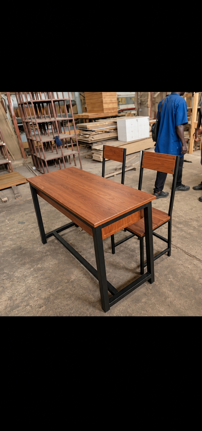 A realistic workshop photograph preserving the exact composition, perspective, and framing of the original image, featuring the desk and chairs rendered with matte black powder-coated metal frames and rich cherry wood surfaces showing natural grain. The scene is illuminated by authentic, diffused workshop lighting casting soft shadows onto the dusty concrete floor, with natural surface textures, faint depth of field, and subtle lens characteristics captured on a standard 35mm lens.