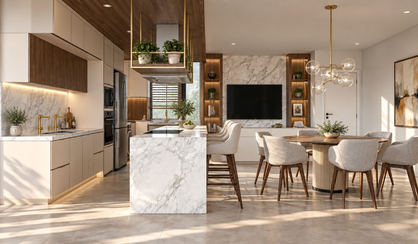 A bright midday summer architectural photograph of the modern open-concept kitchen and dining interior, maintaining the exact layout, geometry, and perspective of the scene. Crisp, natural summer sunlight washes into the room, casting defined, realistic shadows and highlighting the rich textures of the polished white marble surfaces, dark natural wood grain cabinetry, and brushed brass fixtures. The dining chairs feature soft fabric upholstery with realistic micro-textures, while the glass globe chandelier and stainless steel appliances display authentic environmental reflections. Captured with a professional wide-angle architectural lens, balanced exposure, neutral-to-warm daylight color temperature, and subtle natural depth of field.