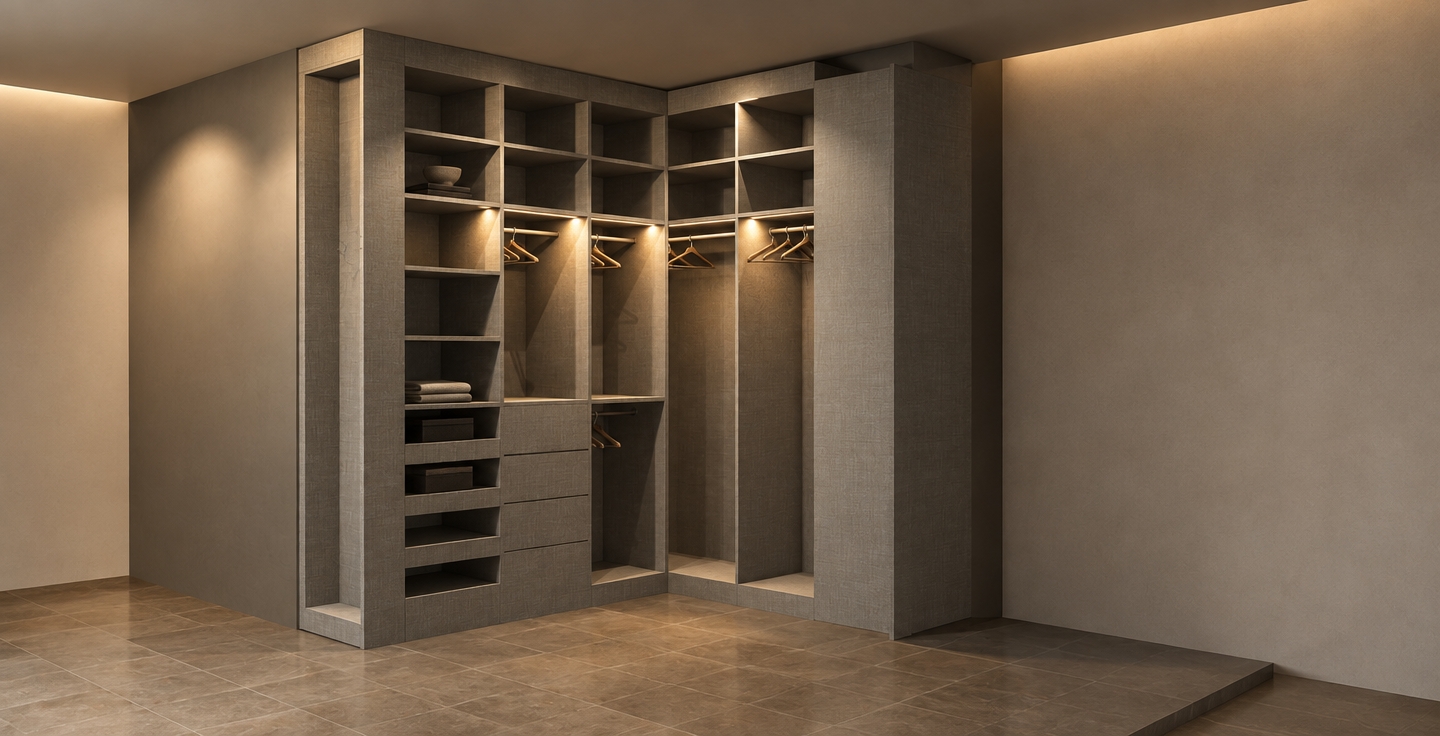 An incredibly lifelike, richly detailed, photorealistic interior shot of a bespoke walk-in closet system set in a serene, minimalist haven. The scene is illuminated by recessed warm-toned LED strips integrated within the shelving, creating a sophisticated and tranquil atmosphere. Captured with a 35mm lens, emphasizing the fine, linen-textured grey laminate finish and the precise, clean geometry of the custom cabinetry.

The composition highlights a streamlined, L-shaped configuration that maximizes storage efficiency while maintaining an uncluttered aesthetic. The wardrobe features a mix of open shelving for decor and dedicated hanging zones, reflecting a Zen-inspired approach to organization. The monochromatic palette of soft grays and muted shadows creates a cohesive, modern feel, grounding the structure against the warm, earthy tones of the large-format floor tiles. A delicate interplay of light and shadow defines the depth of the shelves, while the absence of ornate hardware ensures the space remains elegant and functional, embodying a perfectly balanced, high-end architectural retreat.