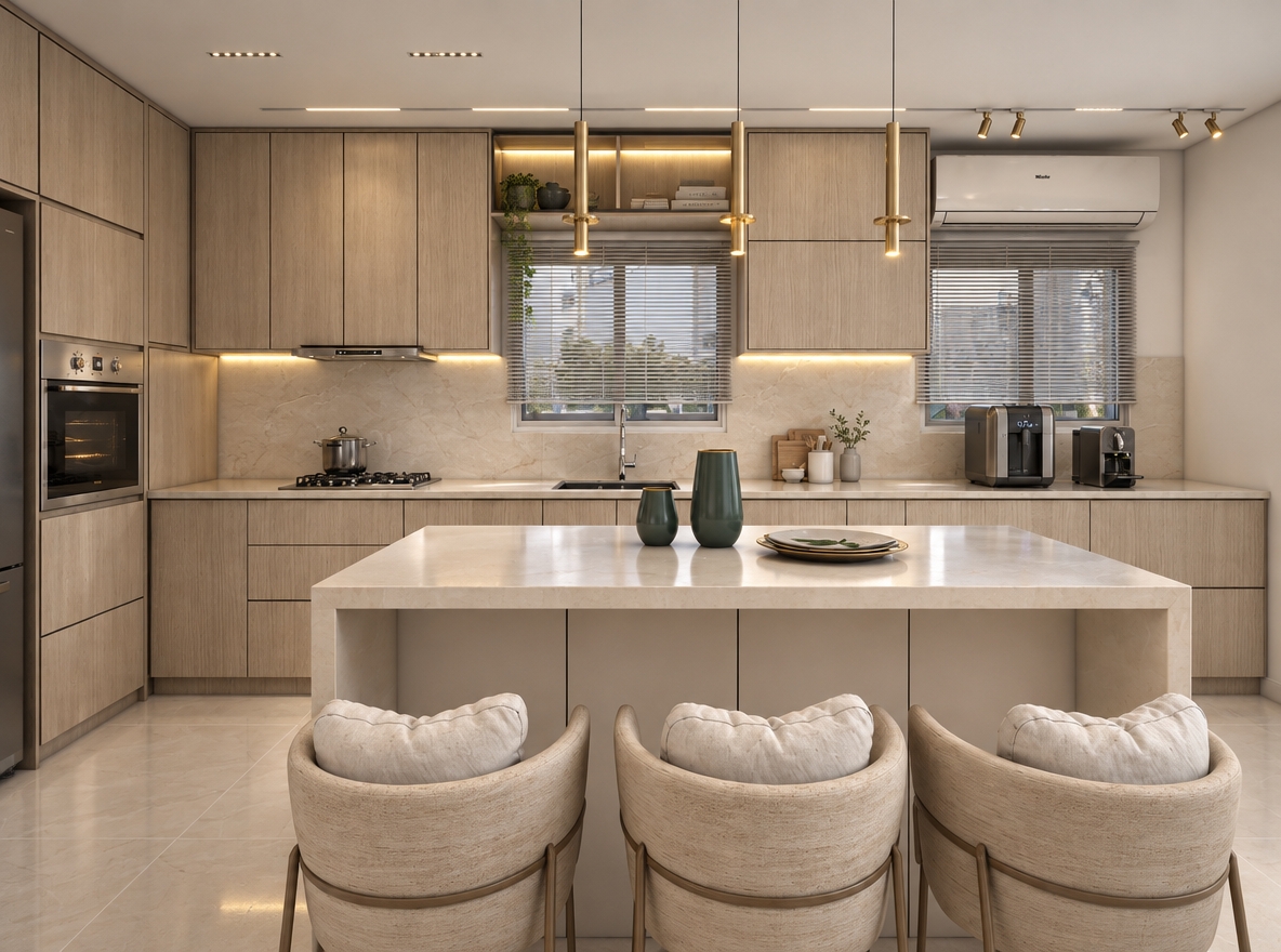 A crisp, professional architectural photograph of the kitchen taken with a 35mm tilt-shift lens at eye level, maintaining the exact layout, geometry, and neutral cream-and-pale-wood palette. Soft, neutral 4500K interior illumination from the brass pendant lights and under-cabinet LED strips casts subtle ambient light across the surfaces, balanced by faint, diffused natural daylight filtering through the closed window blinds. Materials feature physically accurate micro-textures, including realistic pale wood grain along the cabinetry, smooth matte quartz on the island countertop, polished ceramic floor tiles with faint contact reflections, and natural woven fabric folds on the stool cushions. The rendering captures authentic photographic nuances with precise depth of field, gentle ambient occlusion in the recesses, faint lens vignetting, and clean, realistic highlights on the brushed metal appliances and glossy dark green vases without excessive bloom.