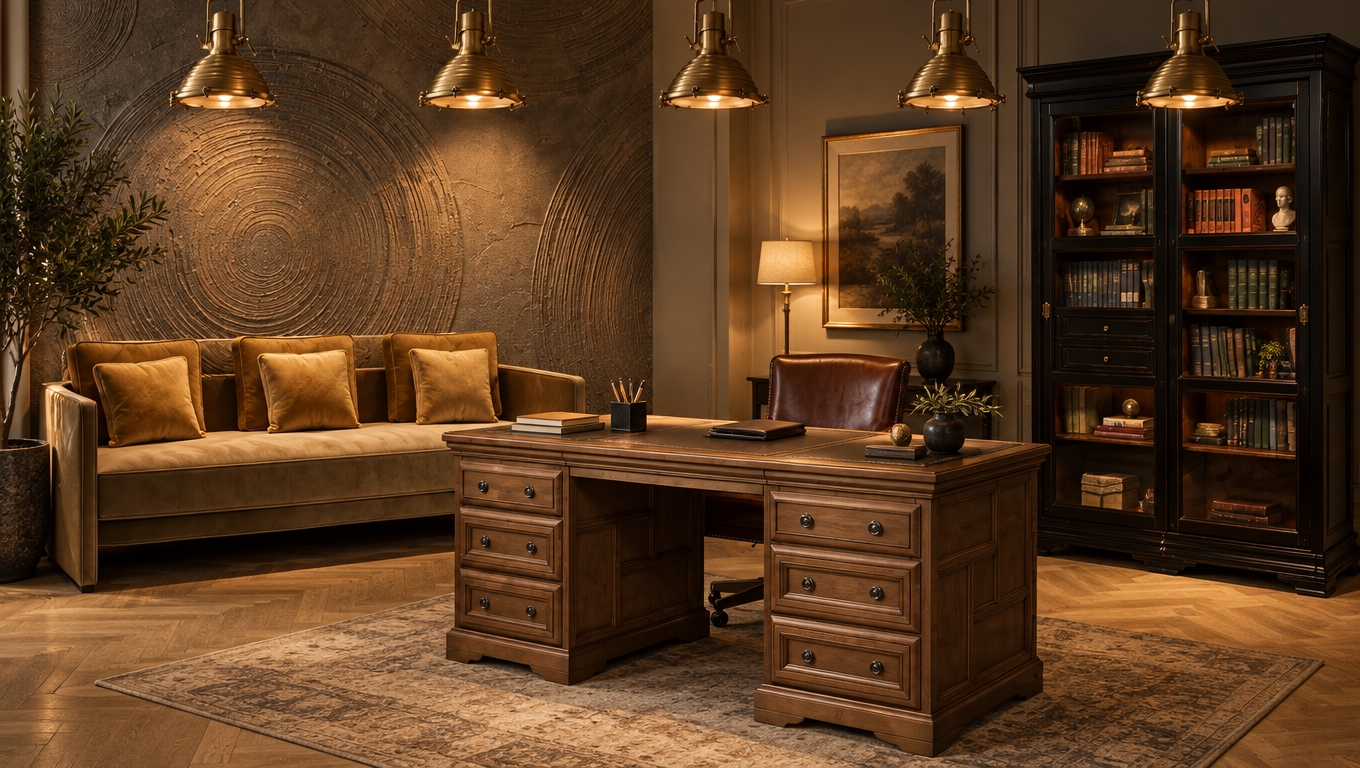 An eye-level architectural photograph captures the sophisticated home office scene with moody evening lighting, seamlessly integrating the collaged elements into a unified space. Suspended overhead, the brass spotlight fixtures cast pools of warm tungsten illumination downward across the textured surfaces. To the left, the golden velour sofa with soft beige cushions rests against the backdrop of the decorative plaster wall with its tactile circular ridges. In the center, the solid wood executive desk in a muted cool coffee-with-milk tone reveals fine wood grain and soft contact shadows on the satin-finished light oak herringbone floor. To the right, the grand bookcase in smooth black lacquer showcases rich reddish-amber wood interiors and subtle glass reflections over neatly shelved volumes. The shot is captured with a 35mm lens, featuring natural optical falloff, delicate shadows, warm color temperature, and fine film grain for realistic depth.