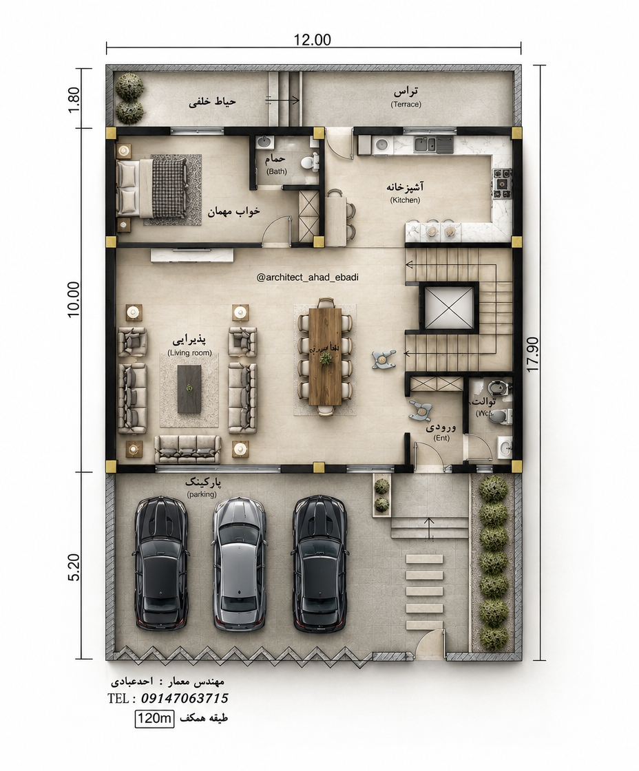 An incredibly lifelike, richly detailed, photorealistic top-down architectural cutaway photograph of a modern fusion single-story residence set in a serene contemporary setting. The scene is illuminated by soft, diffused ambient studio light complemented by warm interior spot illumination, creating an elegant, welcoming, and impeccably organized atmosphere. Captured with a medium format camera equipped with a tilt-shift lens, emphasizing the fine textures of pale stone tile flooring, smooth matte white finished walls, and rich walnut wood furnishings. 

In the spacious living hall, tailored linen armchairs and a matching sofa gather neatly around a sleek minimalist coffee table, transitioning effortlessly toward an elongated dining suite set for ten. Adjoining this central space, the kitchen gleams with polished quartz countertops and integrated cabinetry, while the private guest suite reveals soft textile bedding and adjacent spa-style bath fixtures. Below the primary residence, a spacious cobblestone-paved motor court houses three polished executive cars beside a linear stone path and neatly manicured topiary, all rendered with crisp architectural precision and naturalistic cast shadows.