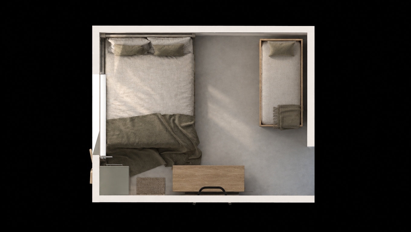 An incredibly lifelike, richly detailed, photorealistic top-down overhead architectural shot of a minimalist master bedroom set in a modern digital zen interior. The scene is illuminated by soft, diffused morning daylight pouring in from an unseen side window, creating a serene, peaceful, and uncluttered atmosphere. Captured with a high-resolution medium-format camera and an ultra-sharp tilt-shift lens, emphasizing the fine organic textures of neutral linen bedding, the smooth matte finish of seamless microcement flooring, and the warm natural grain of blonde wood furniture. Positioned thoughtfully within the compact space, a neatly dressed double bed with rumpled taupe throws rests against the left wall, complemented by an understated single daybed along the right, while a sleek minimalist workstation and low-profile cabinetry anchor the lower perimeter in perfect functional harmony.