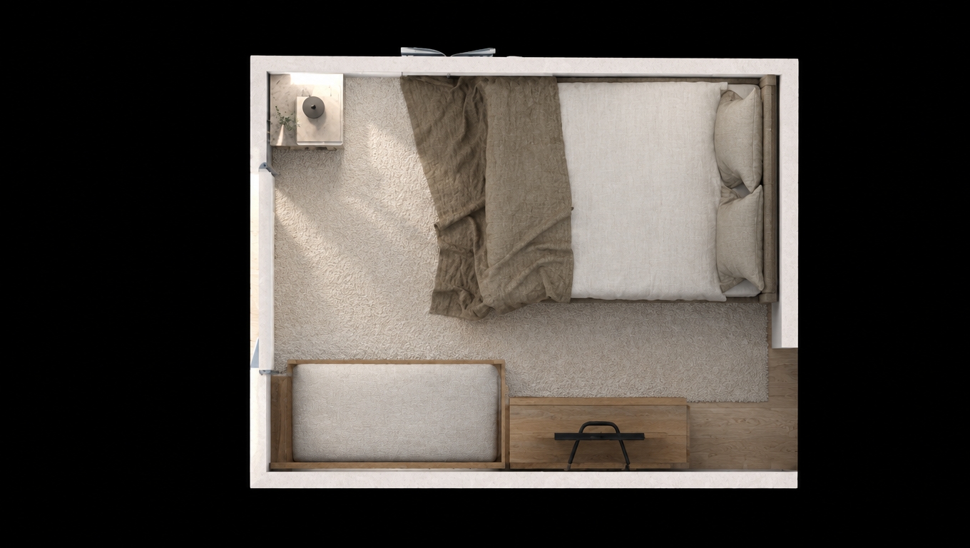 An incredibly lifelike, richly detailed, photorealistic bird’s-eye floor-plan shot of a modern fusion bedroom set in a high-end urban apartment. The scene is illuminated by soft, natural morning light filtering through an unseen window, creating a serene, minimalist atmosphere. Captured with a professional architectural wide-angle lens, emphasizing the tactile quality of the plush, off-white area rug, the crisp, high-thread-count cotton bedding, and the warm, organic grain of the oak wood furniture. The composition highlights a sophisticated balance between the queen-sized bed, draped in a luxurious, crumpled linen throw in a muted taupe tone, and the streamlined wooden dresser, which features a sleek, matte black minimalist decorative accent. Every element is rendered with precise spatial harmony, showcasing a seamless blend of contemporary clean lines and cozy, soft-touch textures that make the space feel both functional and inviting.