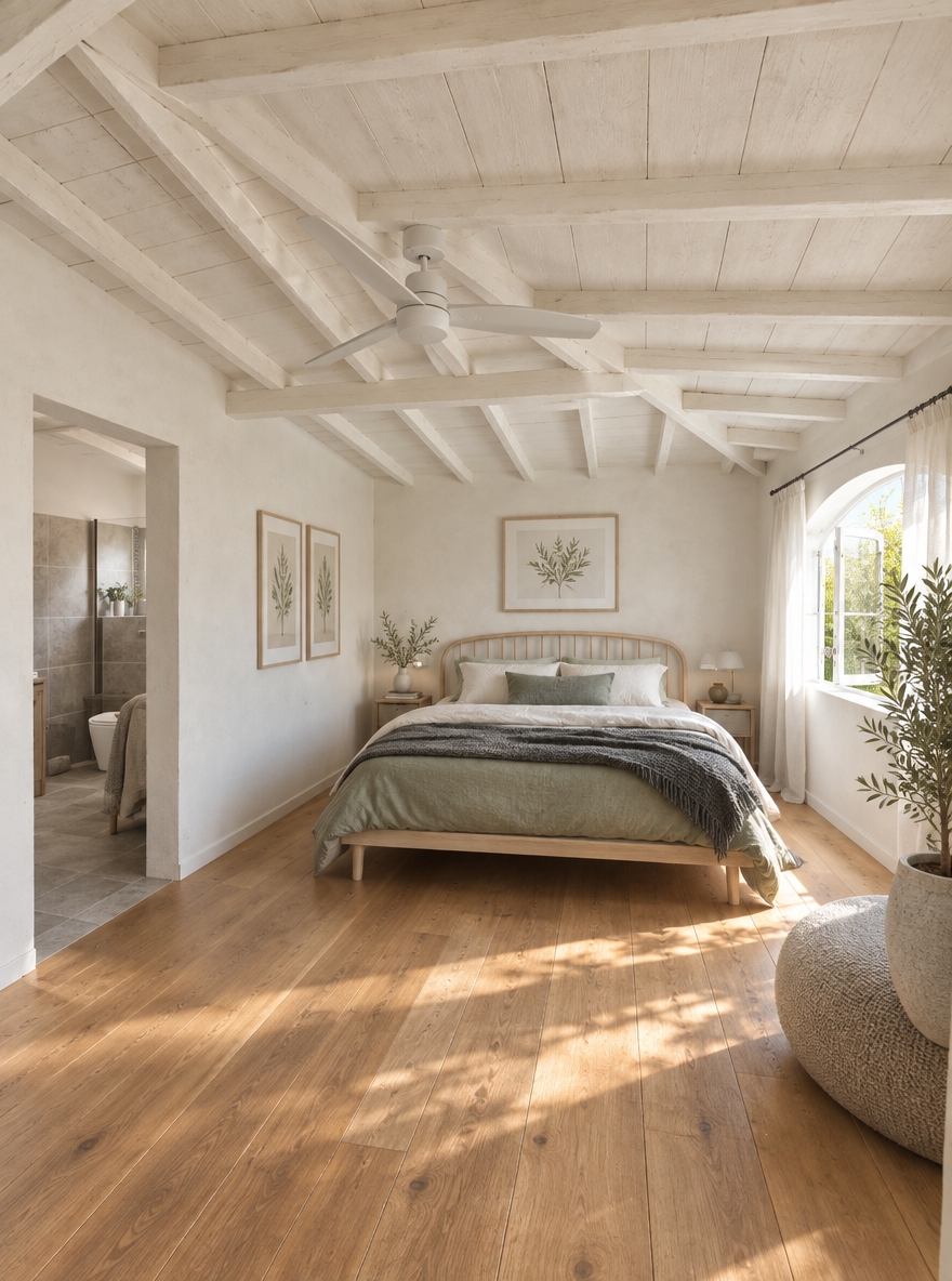 An incredibly lifelike, richly detailed, photorealistic wide-angle interior shot of a tranquil Scandinavian bedroom sanctuary set in an airy summer retreat. The scene is illuminated by soft, diffused morning sunlight streaming through expanded casement windows dressed in gauzy linen, creating a serene, calm, and luminous atmosphere. Captured with a 24mm f/4 lens on a full-frame camera, emphasizing the natural tactile textures of the whitewashed wooden ceiling beams, matte lime-plastered walls, and smooth, warm honey-oak plank flooring.
In this reimagined space, minimalist elegance meets organic warmth through a balanced palette of chalky whites, pale dove grays, and muted sage greens. A low-profile blonde ash platform bed anchors the room, dressed in layers of crisp ivory bedding, soft green washed-linen duvets, and textured charcoal knit throws for understated hygge luxury. Flanking the bed, a slender black-metal and pale wood bedside table holds an open minimalist photography book and a textured stoneware vase, while subtle nature-inspired botanical prints add quiet sophistication to the expansive walls. A sleek, modern matte-white ceiling fan provides gentle air circulation, complemented by the fresh presence of a potted olive tree that draws the vibrant greenery from outside into this pristine, light-flooded haven.