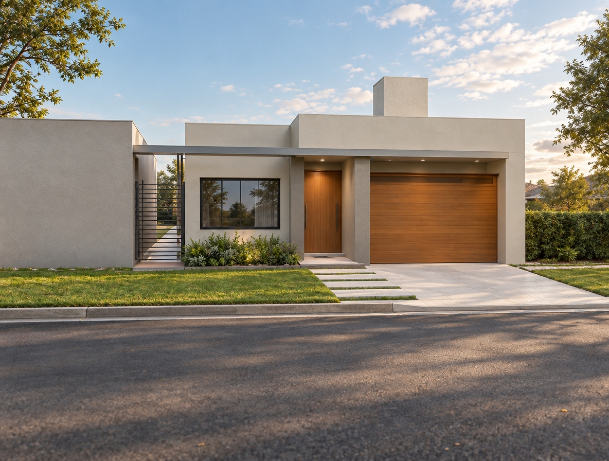 An incredibly lifelike, richly detailed, photorealistic eye-level exterior shot of a contemporary residence set in a tranquil, manicured suburban enclave. The scene is illuminated by the soft, diffused glow of a late afternoon sun, creating a sophisticated and airy atmosphere. Captured with a 35mm lens, the composition emphasizes the clean-lined geometry of the façade, finished in a harmonious palette of warm white and champagne stucco. The primary volume is grounded by a polished stone entryway, featuring a solid timber door that adds a rich, organic warmth against the refined soft-gray exterior accents. 

A sleek, slim metal frame defines the sheltered porch area, while a large, dark-tinted window reflects the crystalline blue sky, adding depth and contrast to the balanced exterior. To the left, a vertical metal slat screen offers a touch of contemporary elegance, filtering light into a side passage. The foreground is anchored by a precisely laid stone path leading to the entrance, flanked by lush, low-profile greenery that brings life to the architecture. The entire composition feels curated and understated, capturing a moment of architectural stillness where polished finishes meet the soft textures of a curated landscape.