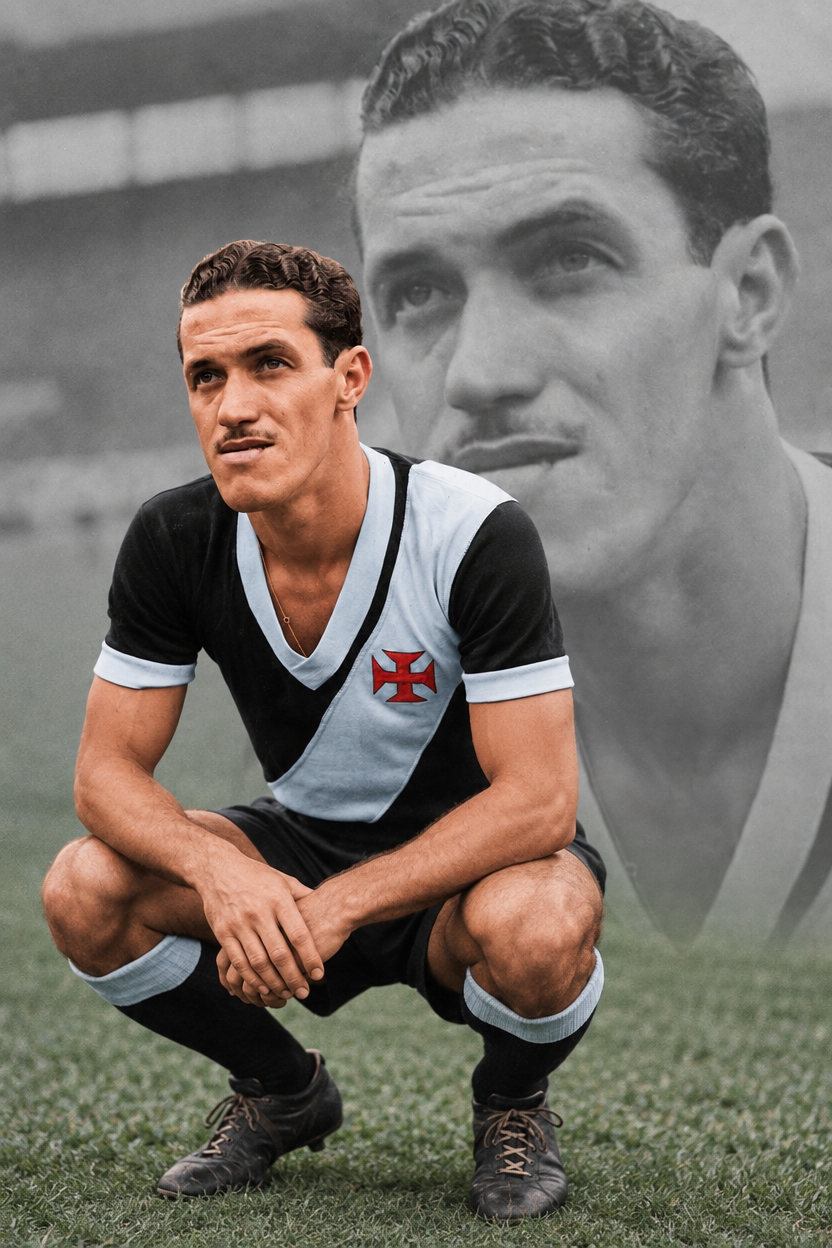 o rosto da imagem fica ao fundo em preto e branco suave e na frente , de corpo inteiro, a cores agachado