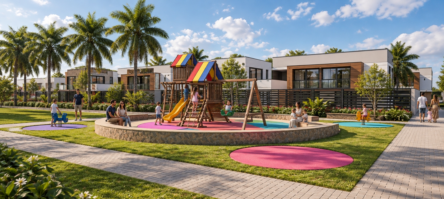 A crisp, daylight photograph of the exact outdoor playground and residential complex layout, illuminated by natural sunlight filtered through soft, scattered cumulus clouds in a bright blue sky. The central playset features realistic weathered timber, smooth plastic slides, and durable safety chains, situated on vivid, textured rubber safety surfacing matching the geometric color segments. The surrounding modern residential homes maintain their precise volumetric forms, featuring smooth stucco, rich wood paneling, dark metal fences, and realistic architectural glass reflecting the daylight. Lush green grass and manicured landscaping fill the lawn areas, while subtle play equipment rests on the smaller colorful circular pads. Children are captured playing naturally around the equipment with watchful parents nearby, relaxed residents sit chatting on the low stone benches around the circular retaining wall, and pedestrians stroll along the textured paver pathways. Captured with a 35mm wide-angle architectural lens, showing realistic material textures, soft natural shadows, slight atmospheric depth, and gentle photographic contrast.