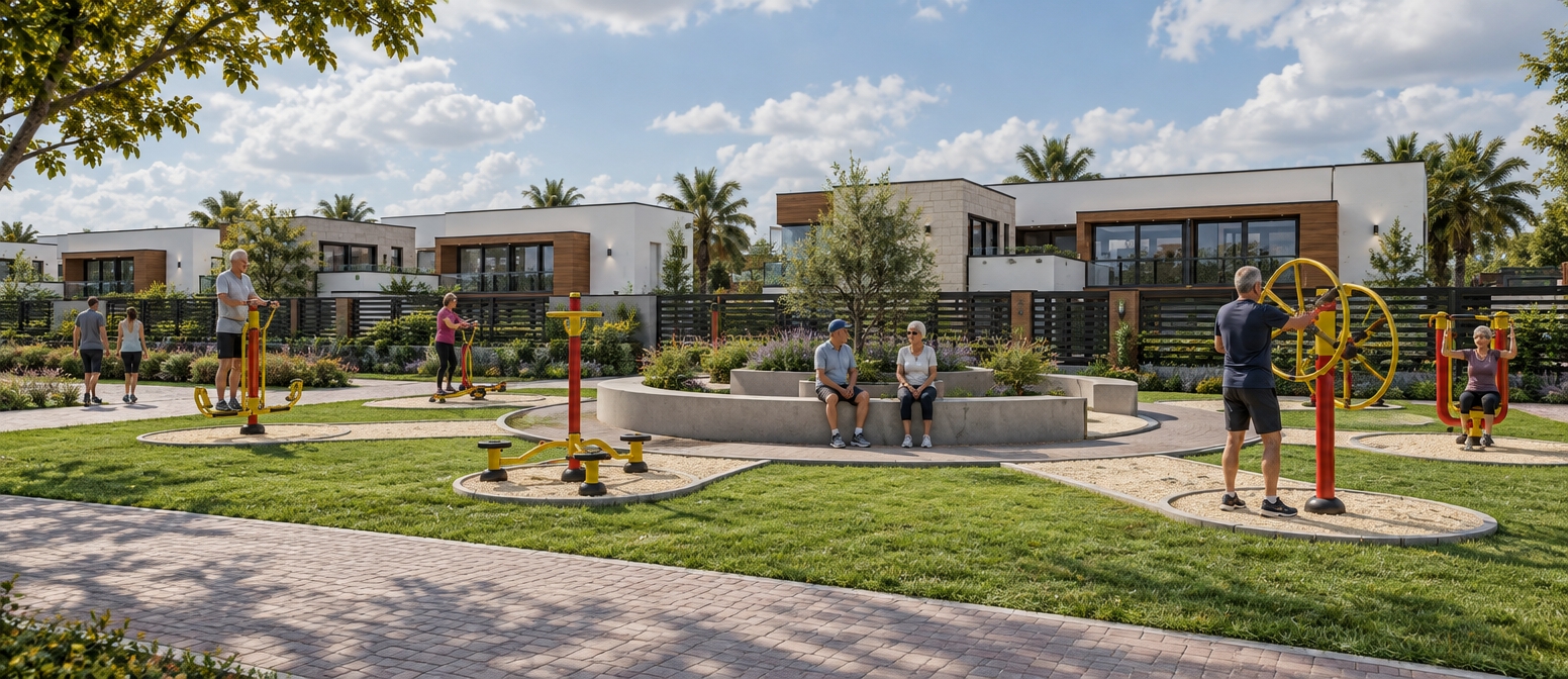 A naturally lit architectural photograph captures the outdoor fitness park under a partly cloudy daytime sky, maintaining the exact perspective, framing, and geometry of the scene. The modern houses in the background preserve their precise volumes, featuring realistic warm wood siding, smooth white render, and reflective glass behind dark slatted fences. Active senior citizens naturally exercise on the yellow and red powder-coated fitness equipment, while visitors sit relaxed along the circular concrete benches and pedestrians walk along the paved pathways. The green expanses are rendered as lush, textured grass lawns, complemented by fine-grained sand under the exercise stations, with soft ambient daylighting casting gentle, realistic shadows across all surfaces.