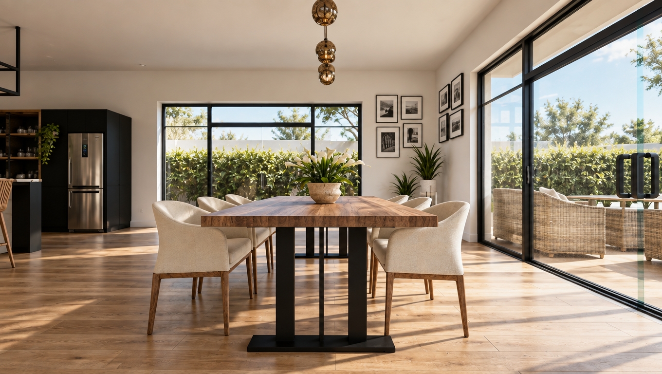 A photorealistic interior photograph captured in bright, natural midday spring daylight entering through the large glass doors. Clean 5500K sunlight illuminates the space, casting gentle, soft-edged shadows across the textured wood plank flooring. The dining table showcases authentic matte wood grain and realistic black metal physics, complemented by fine fabric weave on the surrounding chairs. Outside, the lush green hedge is brightly lit, while the window panes carry faint, realistic glass reflections and subtle micro-dust. Captured with a balanced architectural exposure, delicate optical vignetting, and fine photographic sensor grain.