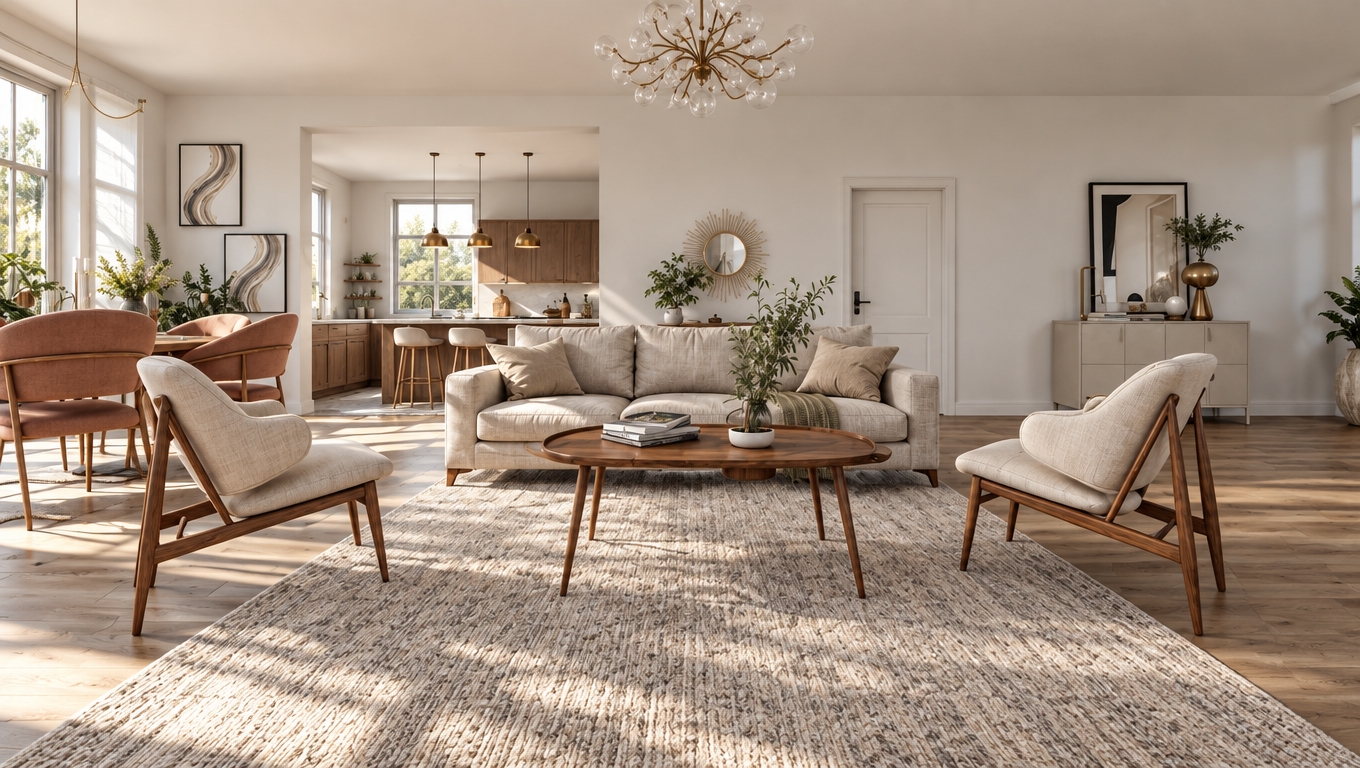 A crisp architectural photograph capturing the exact room under bright spring midday sunlight, with clear daylight streaming through the left windows to cast soft, natural high-angle shadows across the textured rug and hardwood flooring. The lighting reveals authentic surface textures, including the tactile weave of the linen sofa, matte wall paint, delicate reflections on the glass chandelier, and the warm satin finish of the wooden furniture. Balanced ambient bounce light naturally illuminates the background kitchen, complemented by subtle photographic realism with gentle lens depth of field, minimal chromatic aberration, and a clean, airy seasonal atmosphere.