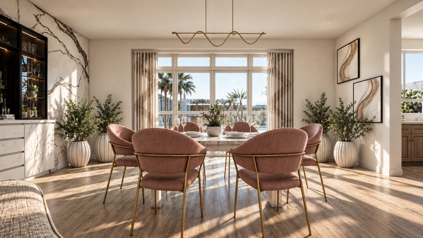 A high-end interior photograph capturing this exact dining room during a bright spring midday, maintaining identical layout, camera angle, and geometry. Crisp, high-angle spring sunlight pours through the expansive patio windows, casting distinct yet soft-edged shadows across the textured wood floor and illuminating the dust motes in the air. The pink dining chairs reveal tactile fabric weaves over brushed brass legs, while the marble accents, fluted ceramic planters, and fresh potted greenery catch natural specular highlights. Shot with a 35mm lens at f/8, the image balances natural daylight with neutral interior tones, finished with subtle lens vignetting, clean white balance, and authentic, filmic depth.