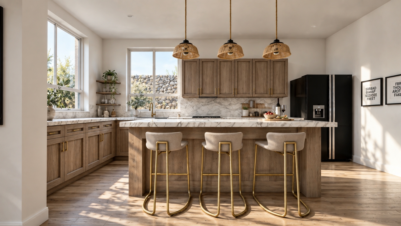 A crisp architectural interior photograph of the kitchen taken at midday in spring, capturing the identical composition, geometry, and placement. Bright, cool-toned 5500K daylight streams through the side and rear windows, casting sharp, natural diagonal shadows and bright highlights across the wood-grain cabinets, light hardwood flooring, and polished marble island. Realistic surface physics show subtle gloss variations on the marble counter, gentle metallic reflections on the brushed brass barstool frames, and natural fabric texture on the upholstered seats. The scene incorporates photographic imperfections including faint lens vignetting, subtle dust motes in the air, natural surface micro-scratches, and balanced exposure that preserves deep blacks in the refrigerator while keeping the exterior stone wall clearly visible.