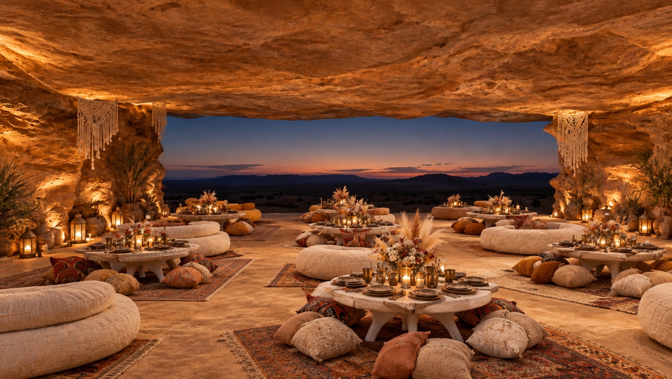 An incredibly lifelike, richly detailed, photorealistic wide-angle interior shot of a bespoke bohemian cavern restaurant set in a secluded desert oasis. The scene is illuminated by the soft, diffused golden glow of hidden LED strips tucked into the natural crevices of the raw sandstone walls, creating a serene, warm, and intimate atmosphere that highlights the rich textures of the rock. Captured with a 35mm lens, the perspective emphasizes the organic, cave-like architecture where layers of warm rust, mustard, and earthy neutrals define the space. Each dining station is a masterclass in eclectic design, featuring low-profile, hand-carved stone tables surrounded by plush, oversized cream-colored cushions and layered vintage rugs that invite relaxation. The tables are elegantly set with handcrafted stoneware, brass accents, and vibrant, locally-inspired textiles, while centerpieces of dried pampas grass and delicate wildflowers add a free-spirited touch. Subtle macramé hangings drape from the ceiling recesses, and the backdrop—visible through the wide, natural opening of the grotto—reveals a dark, mysterious desert horizon under a twilight sky, perfectly contrasting the cozy, plant-filled interior. The composition flows naturally from the foreground, where the soft textures of the cushions are crisp and sharp, to the distant, blurred desert plains, creating a deep sense of immersion within this high-end, global-chic sanctuary.
