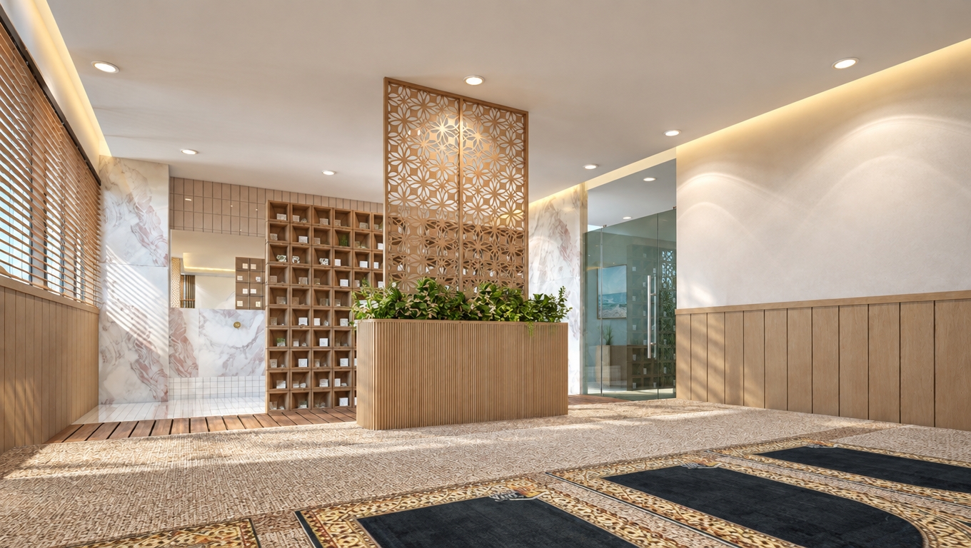 An incredibly lifelike, richly detailed, photorealistic interior perspective of a serene, multifunctional sanctuary set in a refined coastal office environment. The scene is illuminated by soft, diffused midday light filtering through wooden slatted blinds, creating an airy, fresh, and sun-kissed atmosphere. Captured with a wide-angle lens, emphasizing the intricate laser-cut wooden fretwork screen, the warm tactile quality of the ribbed oak planter box, and the contrast between the polished pink-veined marble and the organic, sandy-toned textured carpeting.

The composition highlights an inviting, uncluttered aesthetic where high-end architectural elements meet a relaxed, beachy sensibility. Lush, vibrant greenery peeks above the central partition, breathing life into the space, while the warm wood paneling and neutral palette evoke a sophisticated nautical charm. Beyond the glass partitions, hints of a calming, sea-inspired color scheme suggest a workspace that balances professional structure with the tranquil, rhythmic flow of a coastal breeze, perfectly captured as if for a luxury architecture and design coffee table book.