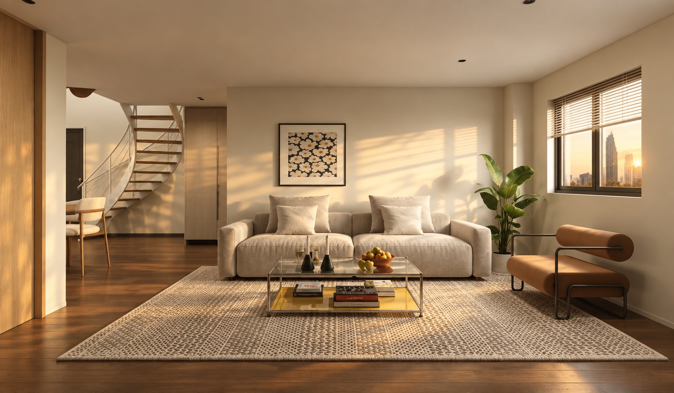 An incredibly lifelike, richly detailed, photorealistic interior photo of a minimalist haven living room set in an upscale apartment during a golden autumn sunset. The scene is illuminated by the soft, honeyed glow of the late afternoon sun filtering through the window blinds, creating a serene and zen-inspired atmosphere. Captured with a 35mm wide-angle lens, the composition emphasizes the clean lines of the plush, light-toned sofa and the sleek, structural elegance of the low-profile burnt-orange lounge chair. The textures are impeccably rendered, from the tactile weave of the patterned area rug and the smooth, matte finish of the off-white walls to the polished glass of the coffee table, which neatly displays a curated photography book and a bowl of fresh fruit. To the left, a sculptural spiral staircase draws the eye upward, while a lush indoor plant adds a vibrant touch of organic life to the corner. The monochromatic color palette of soft whites, warm grays, and muted earth tones is punctuated by the sophisticated abstract wall art, all coming together in a clutter-free, functional arrangement that exudes modern elegance and profound tranquility.