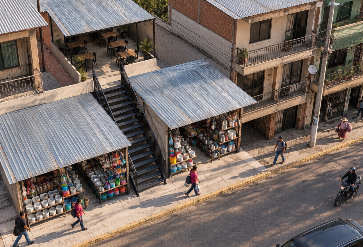 An incredibly lifelike, richly detailed, photorealistic high-angle architectural visualization of a street-level commercial corridor in Bermejo, Bolivia, set in a bustling urban context. The scene is illuminated by soft, natural afternoon daylight, creating a vibrant, authentic atmosphere with long, realistic shadows cast by the structures. Captured with a 35mm lens, emphasizing the sharp contrast between the industrial textures of the corrugated roofs and the refined finish of the central staircase.

The composition centers on an elegant, minimalist single-flight staircase crafted from slim, matte-black powder-coated steel, which serves as the refined artery connecting the busy sidewalk to the future restaurant terrace above. Flanking the stairs are two open-fronted commercial casetas, brimming with a dense, authentic display of everyday household goods—stacks of ceramic plates, glistening glass tumblers, colorful plastic bowls, and stainless steel kitchenware, all naturally arranged for local pedestrian trade. The upper terrace, currently a clean, modern concrete platform, promises a future dining space, framed by the raw, practical aesthetic of neighboring three-story residential buildings finished with corrugated galvanized metal roofs. The textures are tactile and true to the region: the slightly weathered concrete, the sheen of varied kitchenware, and the rhythmic, industrial pattern of the metal roofing panels. The perspective conveys the depth of the narrow urban passage, grounding the design in the vibrant, utilitarian spirit of Barrio Petrolero.