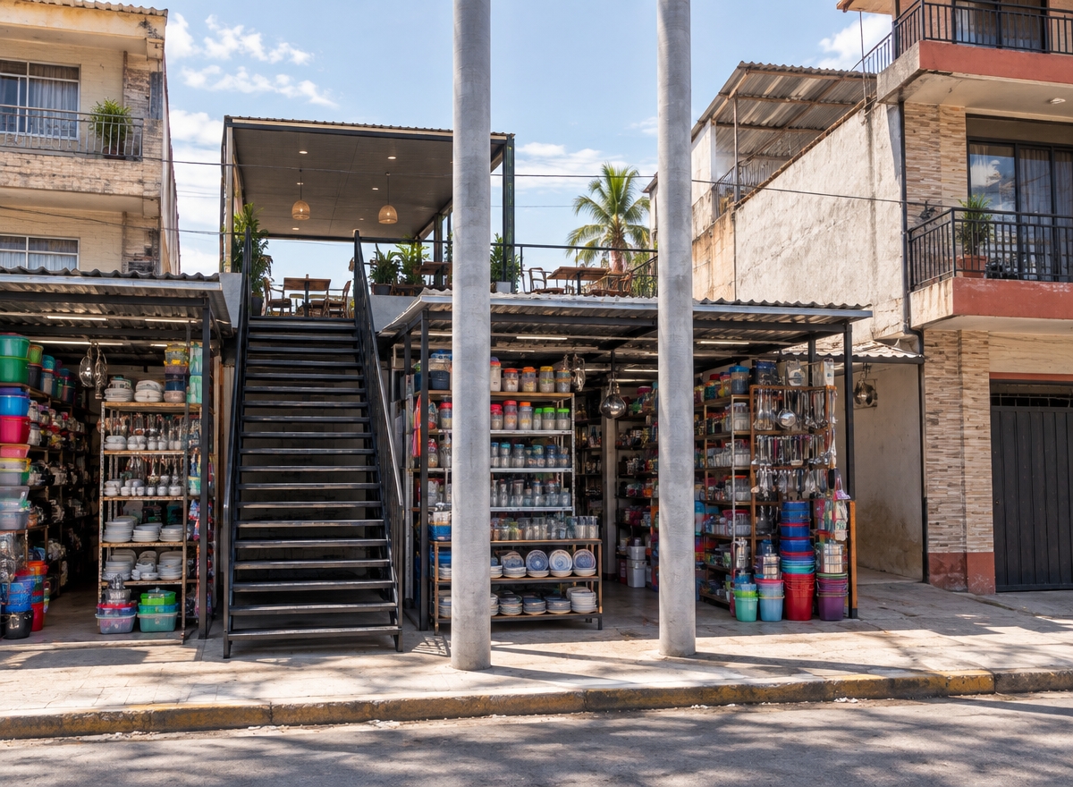 An incredibly lifelike, richly detailed, photorealistic eye-level shot of a commercial transit point in the bustling Barrio Petrolero of Bermejo, Bolivia, set in a bright, sun-drenched afternoon. The scene is illuminated by crisp, natural daylight casting soft, directional shadows, creating an authentic and energetic urban atmosphere. Captured with a 35mm lens, emphasizing the sharp contrast between the minimalist matte-black metal staircase and the vibrant, lived-in texture of the surrounding retail displays.

The composition centers on an elegant, linear single-flight staircase crafted from refined, slim-profile matte-black steel, rising with minimalist precision from the concrete sidewalk to a clean, contemporary upper terrace. Flanking the stairs are two open-air commercial kiosks, acting as vibrant extensions of the sidewalk; they are densely packed with an authentic display of local household goods, featuring neat stacks of colorful ceramic plates, crystalline glass tumblers, brushed-steel kitchen utensils, and durable plastic storage containers. The texture of these everyday objects provides a grounded, human scale to the architectural geometry. In the background, the scene is framed by the realistic facades of three-story residential buildings, their rooflines finished in weathered, industrial corrugated galvanized metal sheets that reflect the local Bermejo architectural vernacular. The perspective highlights the functional harmony between the sleek, modern staircase and the spontaneous, high-traffic commercial activity of the street, rendered with physically accurate material properties, from the slight dust on the pavement to the subtle, cool-toned reflections on the metallic structure.