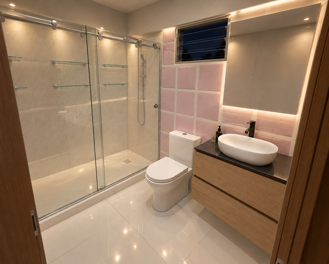 An incredibly lifelike, richly detailed, photorealistic interior shot of a minimalist haven bathroom set in a quiet summer night. The scene is illuminated by the soft, ambient glow of recessed LED vanity lighting, creating a serene and sophisticated atmosphere. Captured with a 24mm wide-angle lens, emphasizing the crisp textures of the polished white porcelain floor tiles and the warm, organic grain of the natural wood vanity cabinet.

The bathroom feels impeccably clean and modern. A sleek, white porcelain vessel sink rests elegantly atop the vanity, perfectly complemented by a matte black faucet that catches the subtle evening light. The adjacent shower area is enclosed by a high-end, translucent glass partition framed in brushed aluminum, reflecting the soft illumination. Within the shower, delicate glass shelves provide a functional yet airy touch. On the wall, the vibrant, square-tiled accent wall in soft pink creates a playful contrast against the minimalist aesthetic, while the adjacent window offers a glimpse into the dark, tranquil night. The composition is balanced and spacious, with the depth of field capturing the sharp edges of the ceramic fixtures and the smooth, reflective surfaces of the glass and mirrors, resulting in a tranquil, spa-like retreat.