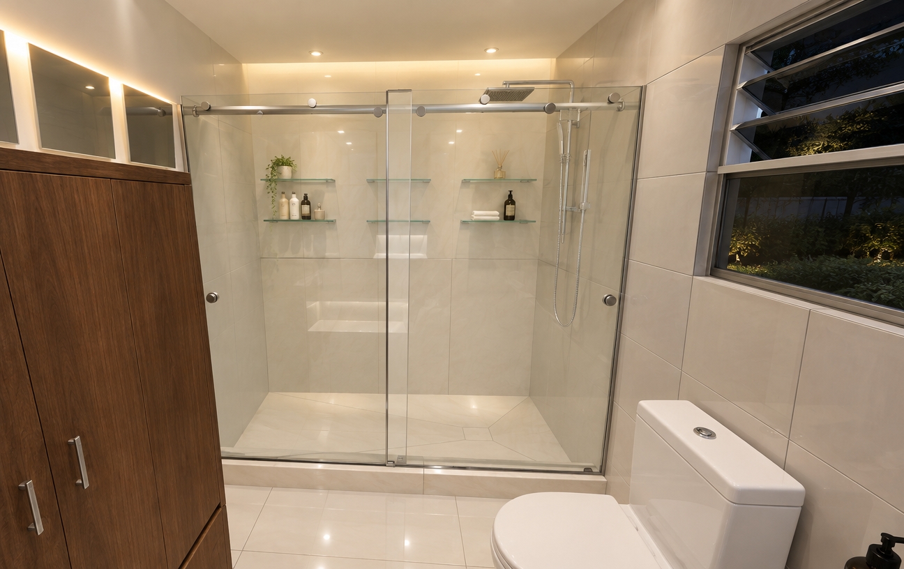 An incredibly lifelike, richly detailed, photorealistic interior shot of a serene minimalist bathroom set in a contemporary residence during a tranquil spring night. The scene is illuminated by soft, recessed LED lighting and the gentle glow of a wall-mounted vanity light, creating a calm, spa-like atmosphere. Captured with a 24mm wide-angle lens, emphasizing the clean lines of the white porcelain toilet, the warm, rich-grained wooden vanity cabinet, and the crisp reflection of the polished mirror. 

The focus rests on the seamless walk-in shower, enclosed by a frameless translucent glass partition accented with sleek, brushed aluminum profiles. Inside the shower, the large-format white porcelain tiles catch the subtle light, while minimalist glass shelves hold essential amenities, reflecting a sense of organized luxury. The floor is clad in expansive, high-gloss white porcelain tiles that extend through the space, grounding the design. The composition perfectly captures the balance between the cool-toned tiling and the organic warmth of the wood cabinetry, while the adjacent window offers a glimpse into the dark, quiet garden outside, enhancing the feeling of a private, modern sanctuary.