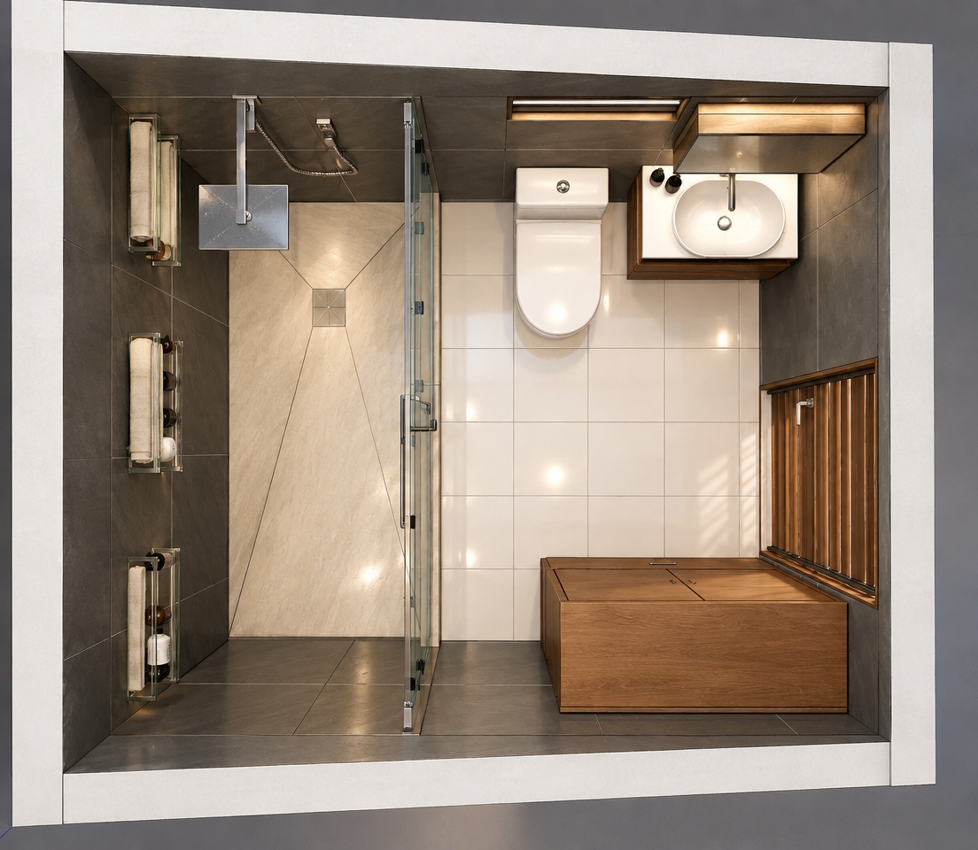 An incredibly lifelike, richly detailed, photorealistic top-down architectural floor plan shot of a contemporary bathroom set in a tranquil spring evening. The scene is illuminated by soft, diffused warm ambient lighting emanating from recessed ceiling fixtures, creating a serene and sophisticated atmosphere. Captured with a high-end architectural camera lens, emphasizing the crisp contrast between the matte charcoal wall tiles and the pristine, polished white porcelain floor tiles. 

The composition highlights a perfect spatial balance: a walk-in shower encased in a sleek, translucent glass partition with polished aluminum profiles, featuring elegant glass shelving tucked against the textured dark gray walls. Beside it, the crisp white porcelain toilet stands in clean relief against the bright floor. To the right, a warm, rich-grained wooden vanity supports a minimalist sink, complemented by a large, clear mirror above and a vertically-slatted wooden window treatment that adds organic texture to the space. The subtle reflections on the glass shower screen and the soft glow reflecting off the ceramic surfaces imbue the rendering with a sense of depth, precision, and modern luxury.
