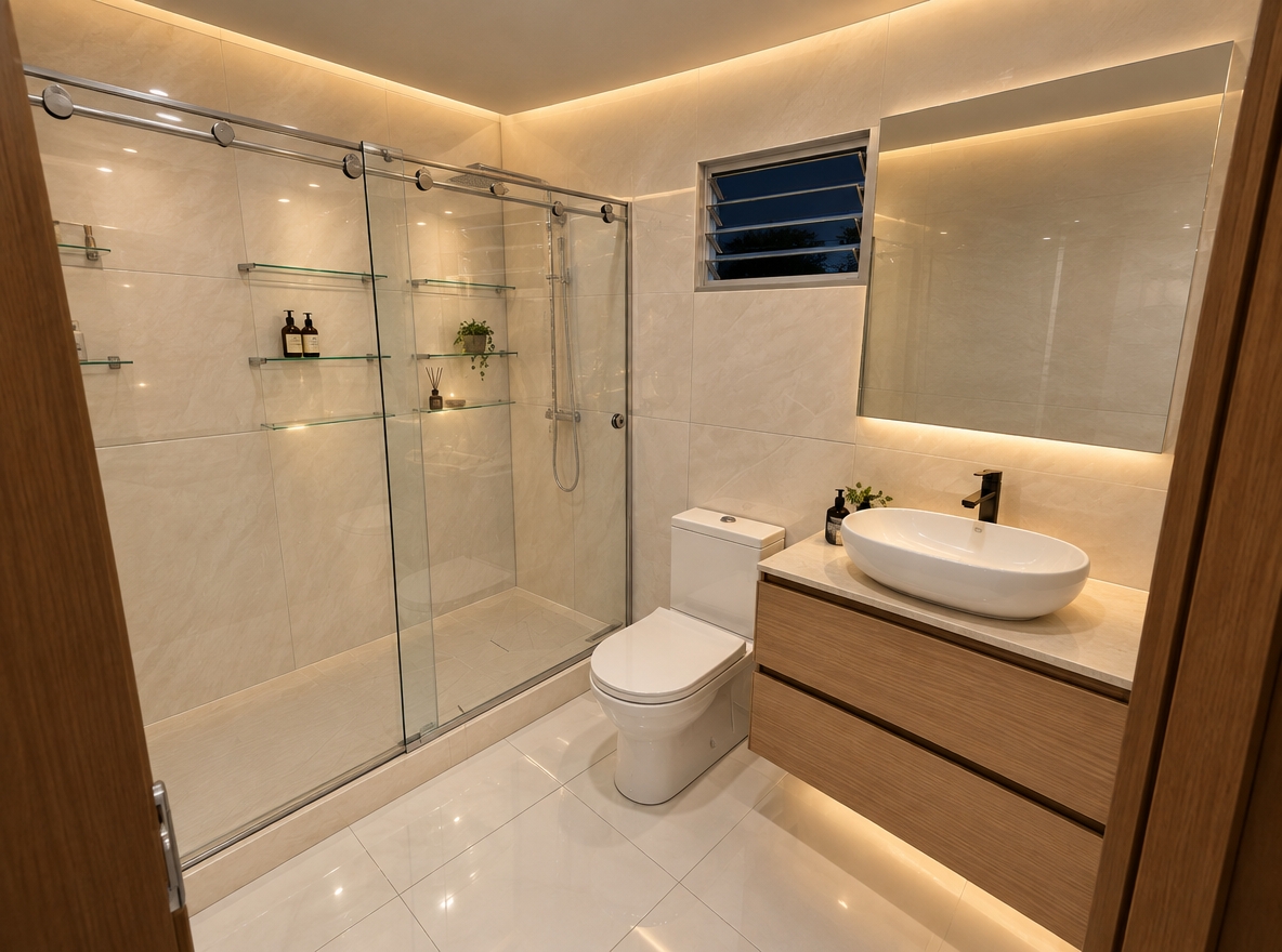 An incredibly lifelike, richly detailed, photorealistic interior shot of a contemporary master bathroom set in a sophisticated urban residence during a cool spring night. The scene is illuminated by soft, recessed ambient cove lighting and warm vanity under-cabinet LED strips, creating a serene, spa-like atmosphere. Captured with a wide-angle 24mm lens to emphasize the clean lines and spatial balance, the rendering highlights the seamless transition between the polished white porcelain floor tiles and the warm, natural grain of the floating wooden vanity.

The space radiates contemporary elegance, featuring a minimalist white porcelain toilet and a sleek, oval vessel sink resting atop a smooth stone countertop. Above, a crisp, frameless mirror reflects the soft evening glow, perfectly positioned beside a modern louvered window that offers a hint of the night air. The walk-in shower serves as the visual anchor, encased in high-clarity tempered glass with a slim, brushed aluminum profile. Inside, delicate glass shelves provide a refined storage solution, while the subtle reflections on the glass and the fine grout lines of the porcelain flooring add a tangible sense of realism and depth to this tranquil private sanctuary.