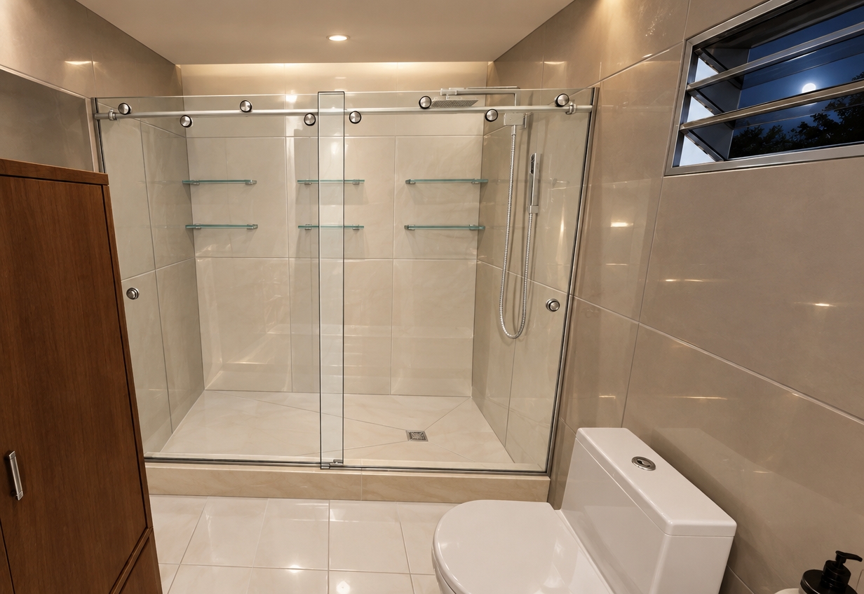 An incredibly lifelike, richly detailed, photorealistic interior photo of a modern, sophisticated bathroom set in a tranquil spring night atmosphere. The scene is illuminated by soft, diffused warm ambient lighting that casts gentle highlights on the smooth surfaces, creating a clean and contemporary elegance. Captured with a wide-angle 24mm lens to maintain the original perspective, emphasizing the high-gloss reflection of the translucent glass shower screen with its brushed aluminum hardware.

The bathroom features a sleek, white porcelain toilet that gleams under the subtle glow, placed beside a rich, warm-toned wooden vanity cabinet supporting an elegant sink. Above the vanity, a polished mirror reflects the crisp, clean lines of the room, positioned perfectly beside a high-set louvered window that allows a hint of moonlight to filter in. Inside the spacious shower, the pristine white porcelain floor tiles offer a seamless transition, while delicate glass shelving provides a minimalist aesthetic. Every detail, from the textured grain of the wood to the sharp, precise edges of the aluminum profiles, is rendered with absolute clarity, evoking a sense of calm, high-end residential luxury.