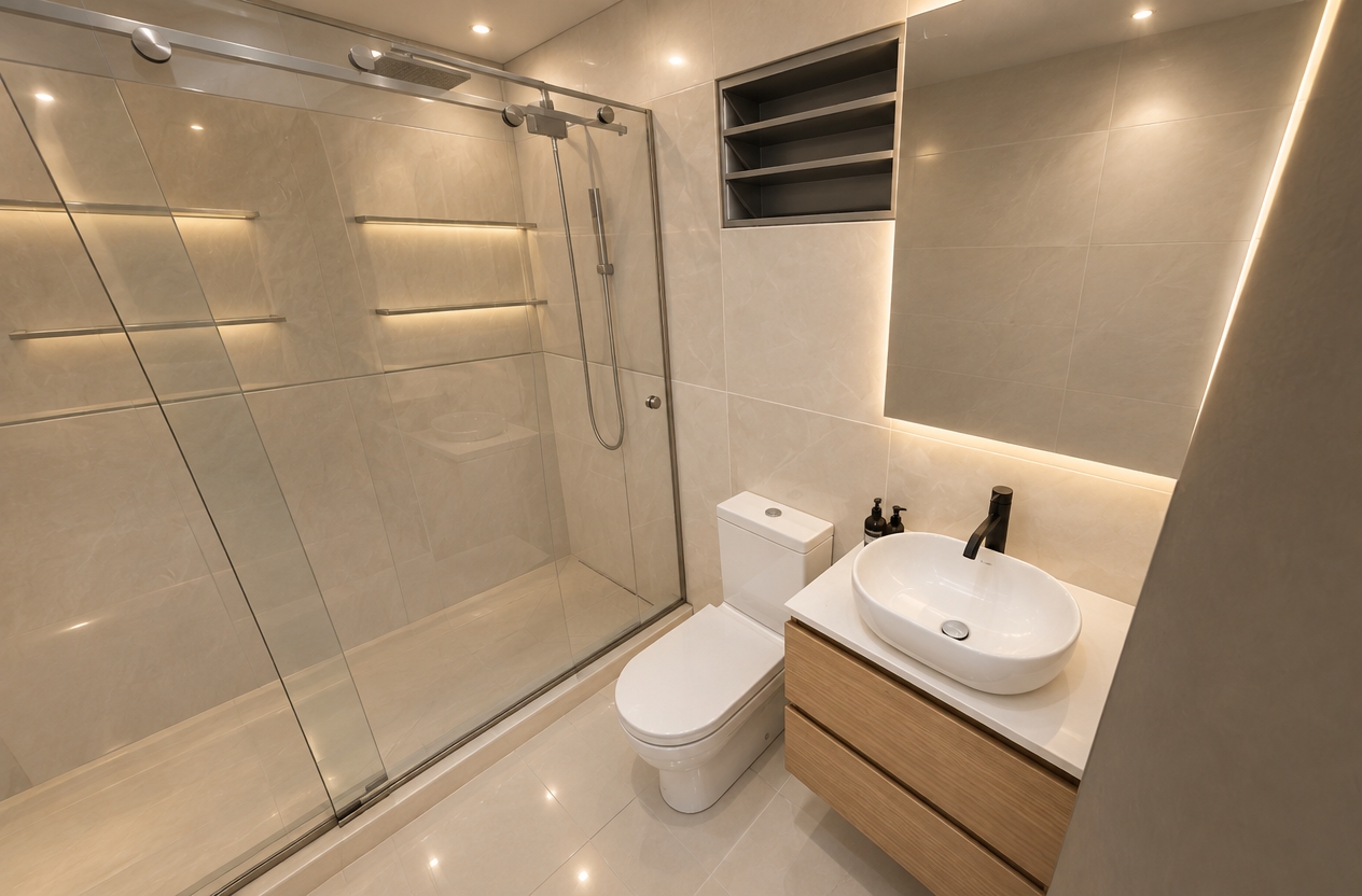 An incredibly lifelike, richly detailed, photorealistic interior photo of a minimalist haven bathroom set in a quiet spring evening. The scene is illuminated by soft, recessed warm LED lighting, creating a serene and sophisticated atmosphere. Captured with a 35mm wide-angle lens, emphasizing the crisp textures of the polished white porcelain floor tiles and the fine wood grain of the vanity.

The space radiates modern elegance, featuring a sleek, wall-mounted wooden vanity topped with a pristine white vessel sink and a sharp, matte black faucet that grounds the neutral palette. Above, a large, frameless mirror reflects the soft ambient glow, enhancing the sense of depth within the room. To the left, the expansive walk-in shower is enclosed by high-clarity tempered glass with refined brushed aluminum profiles, revealing integrated glass shelving and a sophisticated rainfall showerhead. The large-format white porcelain tiles catch the evening light with subtle, creamy highlights, while the crisp white porcelain toilet completes the clean, uncluttered aesthetic. The composition remains faithful to the architectural layout, balancing the warmth of the natural wood with the cool, clinical precision of the modern fixtures.