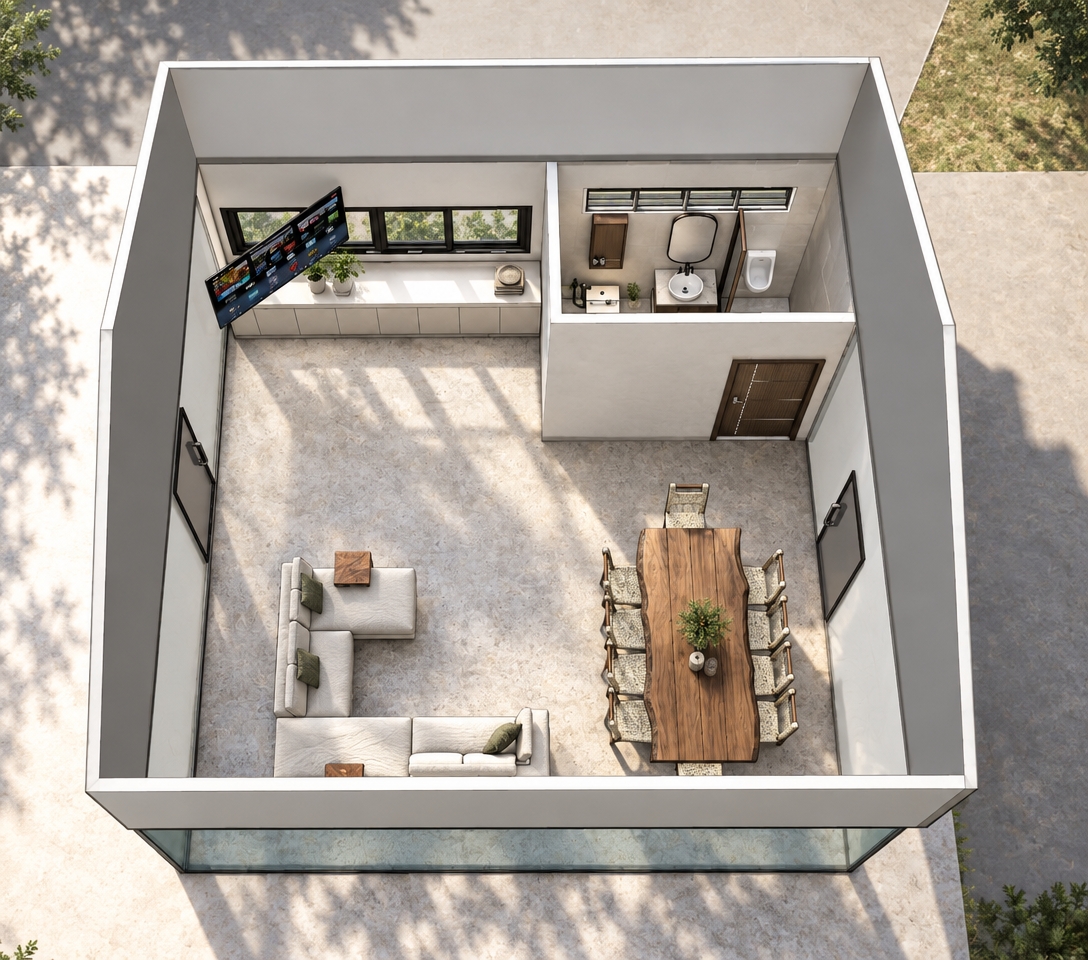 A high-angle architectural cutaway photograph capturing the exact room layout under bright, clear midday spring sunlight. Crisp daylight streams through the exterior windows, casting realistic, soft-edged shadows across the polished mottled floor. The live-edge wood dining table displays authentic natural grain and a smooth satin sheen, paired with woven fabric dining chairs, while the sectional sofa shows subtle fabric creasing and micro-texture. The partitioned bathroom features realistic glossy ceramic fixtures and clean chrome reflections, and the angled wall-mounted screen shows faint surface reflections. Shot with a professional architectural tilt-shift lens, the photograph exhibits balanced exposure, natural material physics, crisp edge-to-edge clarity, and an airy, fresh seasonal atmosphere.