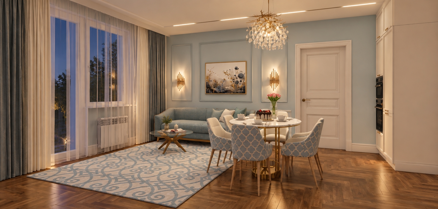 A photorealistic interior photograph preserving the exact room geometry, camera angle, and pale blue palette under warm evening artificial lighting. The delicate crystal chandelier and wall sconces illuminate the scene with a soft 2800K glow, casting gentle shadows across the satin-finished herringbone wood floor and textured upholstery. Outside the large sheer-draped windows, a deep twilight sky reveals tree silhouettes and subtle stars. Realistic reflections appear across the round tabletop and glass surfaces, complemented by tactile fabric weaves, authentic depth of field, balanced exposure, and mild photographic grain.