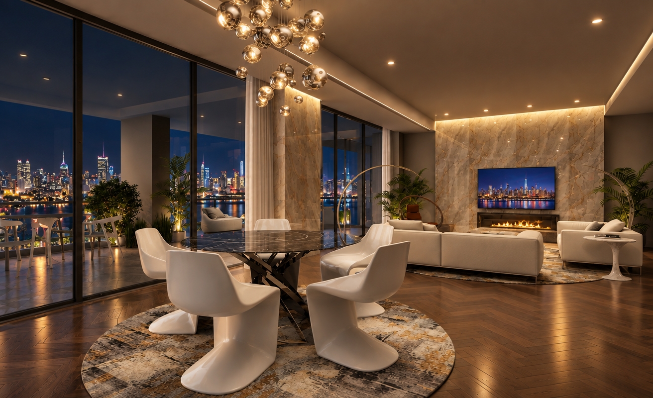 An incredibly lifelike, richly detailed, photorealistic interior shot of a luxury penthouse living room set in a high-rise overlooking a glittering Manhattan skyline at night. The scene is illuminated by the soft, diffused glow of a matte ceiling and the warm flicker of a sleek linear fireplace, creating a sophisticated and cozy atmosphere. Captured with a professional wide-angle lens, emphasizing the rich herringbone parquet flooring, the polished marble accent wall, and the lustrous finish of the organic-shaped dining chairs. Through the floor-to-ceiling glass walls, the sprawling, vibrant cityscape of New York reflects faintly, mirroring the illuminated screen of the wall-mounted television. The composition expertly balances the intimacy of the circular dining nook and abstract patterned rug with the expansive terrace, which features durable, cool-toned tiles that contrast beautifully with the warm, plush interior, grounding the room in a minimalist haven of comfort and elegance.