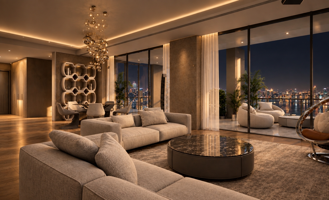 An incredibly lifelike, richly detailed, photorealistic wide-angle interior shot of a luxury penthouse living room set in a high-rise urban skyline at night. The scene is illuminated by the soft, ambient glow of a recessed matte ceiling system and the distant, twinkling city lights, creating a sophisticated and cozy atmosphere. Captured with a professional 24mm wide-angle lens, emphasizing the rich grain of the warm-toned parquet flooring, the contrast against the sleek ceramic tiling on the exterior terrace, and the luxurious texture of the fabric upholstery.

The composition centers on a minimalist haven where plush, low-profile sofas anchor the room around a dark marble-topped coffee table. The architecture flows seamlessly through floor-to-ceiling glass walls, bridging the refined indoor lounge with the expansive outdoor terrace, where deep-seated lounge chairs invite quiet contemplation of the sprawling nocturnal panorama. Deep, atmospheric shadows balance the warm highlights, lending a sense of immense depth and exclusivity to this elevated residential sanctuary.