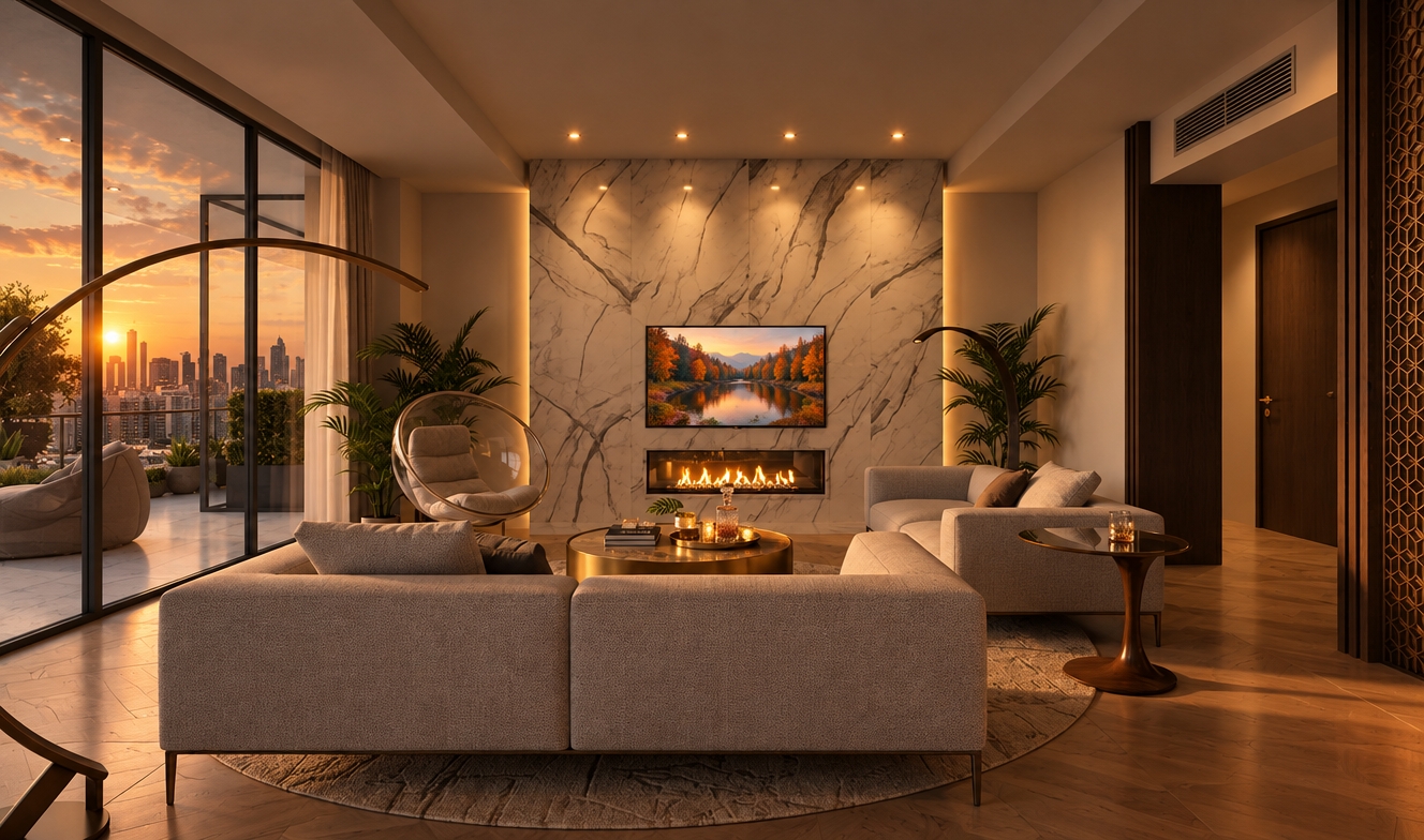 An incredibly lifelike, richly detailed, photorealistic interior shot of a sophisticated living room set in a high-rise luxury apartment overlooking a glowing cityscape at dusk. The scene is illuminated by the golden, amber hues of a setting sun and the warm, flickering radiance of an integrated fireplace, creating an intimate, cozy autumn evening atmosphere. Captured with a wide-angle lens, emphasizing the rich texture of the matte ceiling, the warmth of the premium oak parquet flooring, and the intricate veining of the book-matched marble feature wall.

The room breathes with refined elegance, featuring a plush modular sofa anchored by a circular rug that softens the space. On the wall, the television glows with a vibrant, high-definition autumn forest panorama, perfectly complementing the golden light spilling through the floor-to-ceiling glass partitions. Outside, the terrace features sleek, neutral-toned porcelain tiles, providing a seamless transition to the urban skyline beyond. Subtle recessed lighting highlights the architectural lines, while a stylish glass-topped side table and a contemporary arc lamp add depth and perspective to this minimalist haven, perfectly balancing luxury and comfort.
