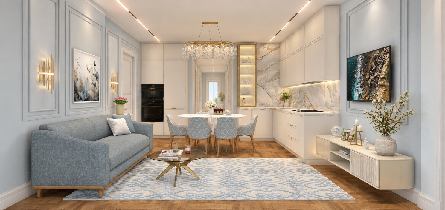 An incredibly lifelike, richly detailed, photorealistic wide-angle interior shot of a sophisticated open-concept living and dining space set in a bright, airy coastal apartment during a serene summer midday. The scene is illuminated by soft, natural sunlight filtering from a central corridor, complemented by warm, recessed linear lighting and the gentle, golden glow emanating from a bespoke glass display cabinet positioned to the right of the corridor, creating an inviting, tranquil atmosphere. Captured with a 24mm tilt-shift lens to ensure perfect vertical alignment, the image emphasizes the rich, organic texture of the herringbone oak flooring and the plush, tactile weave of the dusty-blue sofa, while the polished Calacatta marble backsplash reflects subtle highlights from the chandelier above. In the central corridor, the design extends with seamless elegance, featuring wainscoting that mirrors the living room’s wall panels, leading the eye toward a glimpse of a sun-drenched foyer. The display cabinet features integrated LED lighting, casting a soft radiance on curated decorative artifacts and translucent glassware. Every detail is rendered with high fidelity: the sleek glass coffee table catches sharp reflections, the intricate blue-and-white area rug anchors the seating area with soft geometry, and fresh spring florals on the side console add a touch of organic life. Subtle depth-of-field effects blur the edges of the room slightly, drawing focus to the curated blend of modern minimalist cabinetry and neoclassical wall moldings, resulting in a perfectly balanced, harmonious living environment that feels both luxurious and refreshingly breezy.