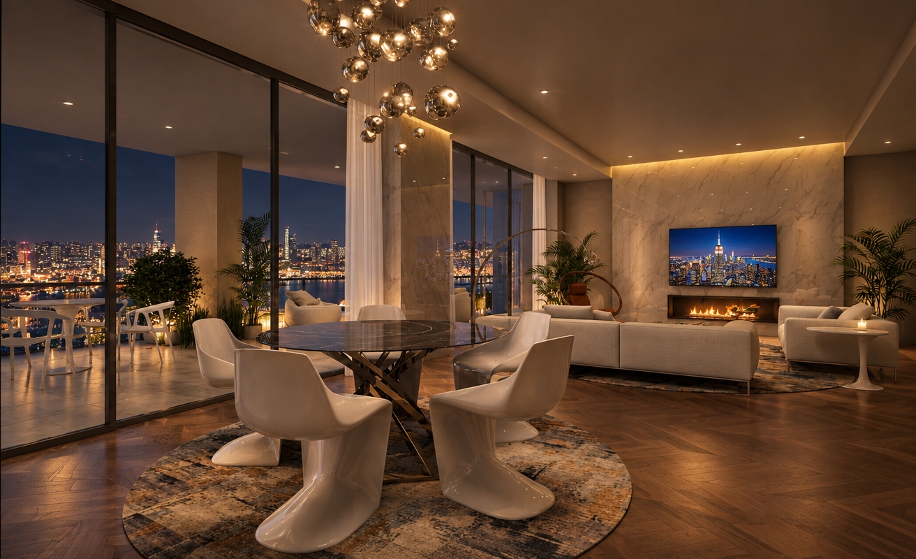 An incredibly lifelike, richly detailed, photorealistic interior shot of a minimalist luxury living space set in a high-rise apartment overlooking a sprawling cityscape at night. The scene is illuminated by the soft, warm glow of a flickering fireplace and the ambient light from the television, creating a cozy, intimate nocturnal atmosphere. Captured with a wide-angle 24mm lens, emphasizing the rich texture of the deep-toned herringbone parquet flooring, the polished matte finish of the ceiling, and the sharp, reflective contrast of the outdoor terrace tiling.

As night falls, the panoramic windows frame a breathtaking view of the illuminated metropolis, while inside, the television displays a crisp, vibrant shot of the New York City skyline. The fireplace casts a gentle amber radiance across the room, reflecting subtly off the white marble wall and the smooth surfaces of the sculptural dining chairs. The composition balances the expansive, airy layout with refined, modern textures, creating an inviting sanctuary that blurs the line between the comfort of home and the electric energy of the city lights outside.