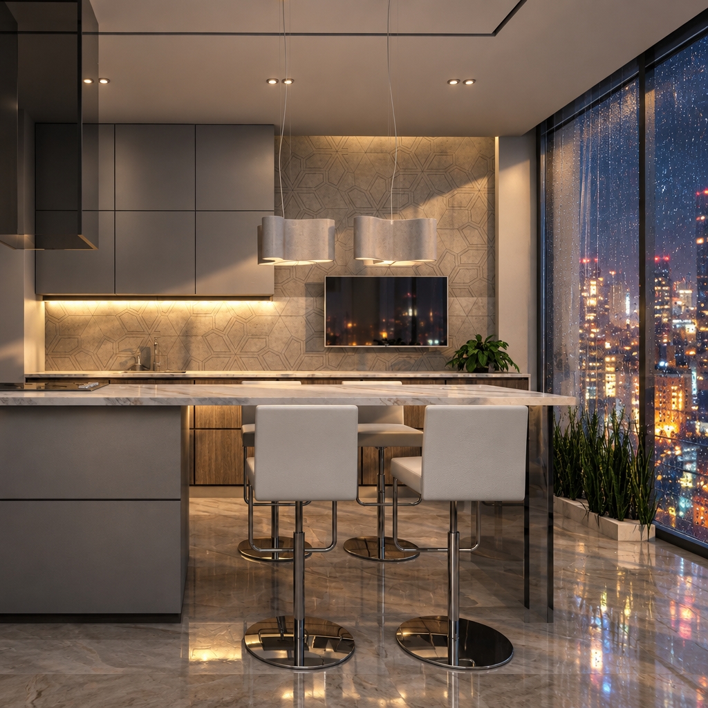 An incredibly lifelike, richly detailed, photorealistic interior shot of a minimalist high-rise kitchen set in a rain-swept urban metropolis at night. The scene is illuminated by the soft, warm glow of under-cabinet LED strips and the cool, ethereal flicker of city lights reflecting off the wet glass, creating a serene, contemplative atmosphere. Captured with a 35mm wide-angle lens, emphasizing the crisp contrast between the matte, slate-grey Berloni cabinetry and the polished, veined natural stone flooring that mirrors the room’s subtle silhouettes.

The composition highlights a sleek marble-topped island flanked by contemporary white barstools, while the large floor-to-ceiling windows offer a mesmerizing, rain-streaked panorama of the city skyline. Outside, the blurred bokeh of streetlights and building windows creates a moody, depth-filled backdrop that contrasts with the refined stillness of the interior. The interplay of shadows and soft artificial light enhances the sophisticated textures of the geometric wall tiles, grounding the space as a luxurious, high-altitude sanctuary amidst the nocturnal cityscape.