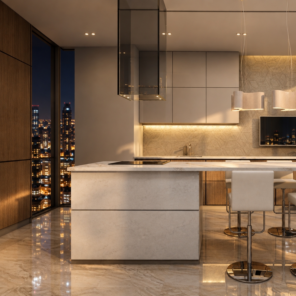 An incredibly lifelike, richly detailed, photorealistic interior shot of a contemporary minimalist kitchen set in a high-rise urban apartment overlooking a sprawling city at night. The scene is illuminated by soft, recessed ceiling lighting and a warm, golden under-cabinet glow, creating a serene, intimate, and cozy nocturnal atmosphere. Captured with a professional architectural lens, the perspective highlights the interplay between the crisp, matte-finished Berloni upper cabinetry and the rich, organic veining of the natural stone flooring, which reflects the ambient city lights from the vast panoramic windows. A floating, translucent glass range hood anchors the space above a pristine white stone island, while minimalist bar stools with slender metallic bases sit ready for a quiet evening. The depth of field draws the eye from the sleek, high-end kitchen surfaces toward the blurred, glittering tapestry of the night cityscape, emphasizing a perfect balance of sophisticated luxury and refined, modern comfort.