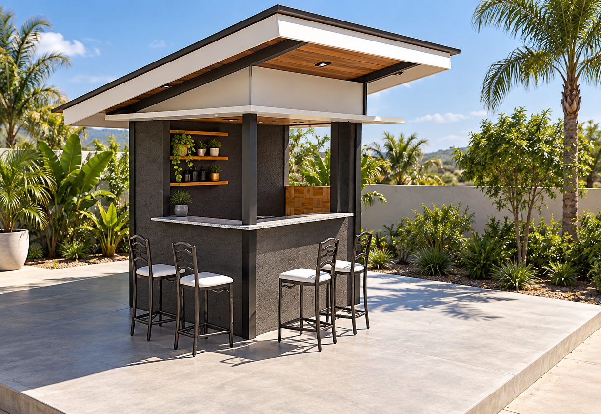 A crisp, architectural daylight photograph of the modern outdoor kiosk, preserving the exact geometry, perspective, and framing while removing all CAD lines. The scene is illuminated by strong summer midday sunlight casting sharp, high-contrast shadows beneath the sloped roof and bar counter. Surfaces feature realistic tactile finishes: matte dark textured exterior panels, a subtly reflective stone bar top, textured wooden back-wall accents, and powder-coated metal barstools with woven white fabric cushions. The atmosphere has bright natural clarity, balanced ambient fill light, subtle lens glare, and clean micro-textures under a high warm sun.
