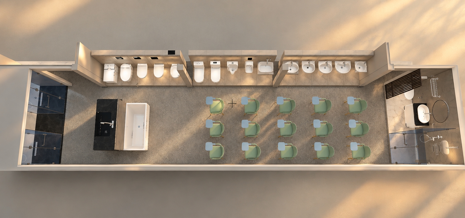 An incredibly lifelike, richly detailed, photorealistic overhead floorplan photograph of an exclusive Kohler exhibition space set in a tranquil, minimalist architectural haven. The scene is illuminated by the low, honeyed glow of an autumn sunset streaming across the room, casting elongated, gentle shadows and infusing the space with a warm, contemplative, and luxurious atmosphere. Captured with a high-resolution medium-format camera and an architectural tilt-shift lens from directly above, emphasizing the tactile speckled texture of the seamless poured terrazzo floor and the immaculate, glossy surfaces of the Kohler fixtures. Along the partitioned upper wall, a pristine sequence of Kohler toilets, bidets, and sculptural ceramic washbasins are mounted in precise alcoves, while the central hall is neatly organized with rows of soft-green training armchairs featuring pale-blue writing tablets. To the left, a striking black prep island with an integrated Kohler faucet pairs seamlessly with an adjacent deep soaking tub alongside tinted glass shower enclosures, mirrored in sophistication by the fully realized private ensuite display to the far right, flawlessly capturing an elegant intersection of functional demonstration and quiet luxury.