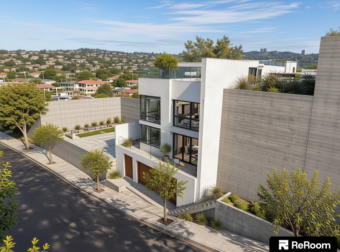 A crisp daylight architectural photograph capturing the exact modern residence on the sloped street. Bright, natural sunlight reveals rich, tactile micro-textures across the facade's matte plaster, the porous board-formed concrete retaining walls, and the detailed grain of the wooden garage door. The large glass windows display subtle sky reflections alongside a soft interior ambient glow. Paved asphalt and concrete steps exhibit authentic surface grit, fine weathering, and realistic daylight exposure, photographed with sharp depth of field and natural color fidelity.