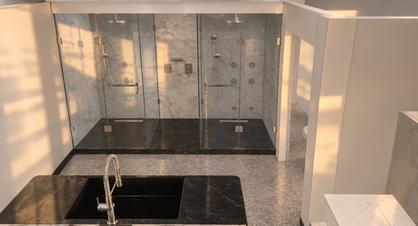 An incredibly lifelike, richly detailed, photorealistic eye-level interior shot of a serene, minimalist bathroom set in an urban sanctuary during a crisp autumn sunset. The scene is illuminated by the warm, golden glow of the setting sun filtering through a high window, casting soft, elongated shadows and creating a tranquil, spa-like atmosphere. Captured with a 35mm wide-angle lens, emphasizing the crisp contrast between the matte black marble countertop and the polished veined-marble wall cladding.

The dual-enclosure shower unit serves as the focal point, featuring sleek, frameless glass doors accented by premium brushed-nickel hardware. Inside the cubicles, the walls are adorned with sophisticated Kohler shower systems, including high-performance ceiling-mount rainheads and precision-engineered Kohler body sprays integrated into the marble surround for a therapeutic hydro-massage experience. In the foreground, a Kohler kitchen-inspired gooseneck faucet with a polished finish rises gracefully from a deep, black marble vanity, mirroring the minimalist aesthetic of the shower area. The floor is finished in a light, speckled grey stone that balances the darker marble elements, grounding the space in a monochromatic, sophisticated palette. The interplay of light reflecting off the glass and the metallic sheen of the fixtures creates a sense of depth and luxury, evoking the feeling of a private, high-end resort retreat.