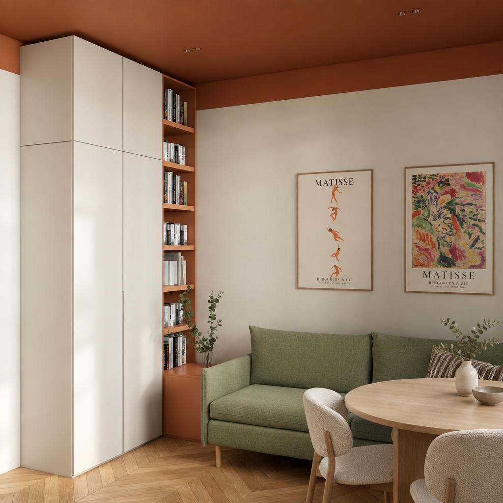 An incredibly lifelike, richly detailed, photorealistic wide-angle shot of a cozy, minimalist living room set in a contemporary urban apartment. The scene is illuminated by soft, diffused natural light that highlights the warm terracotta ceiling and creamy off-white walls, creating a serene and inviting atmosphere. Captured with a 35mm lens, the composition centers on a sleek, matte-finish floor-to-ceiling wardrobe that seamlessly integrates with a built-in bookshelf in a vibrant terracotta hue. The classic herringbone oak flooring grounds the space, leading the eye toward a plush, sage green sofa. Replacing the former workstation, a refined round dining table with a light wood grain finish is elegantly positioned directly against the sofa, paired with two sophisticated chairs upholstered in a tactile, textured cream fabric that complements the minimalist aesthetic. A set of vintage Matisse prints on the wall adds a touch of artistic flair, while the clean lines and harmonious color palette emphasize a sense of organized comfort and quiet sophistication.