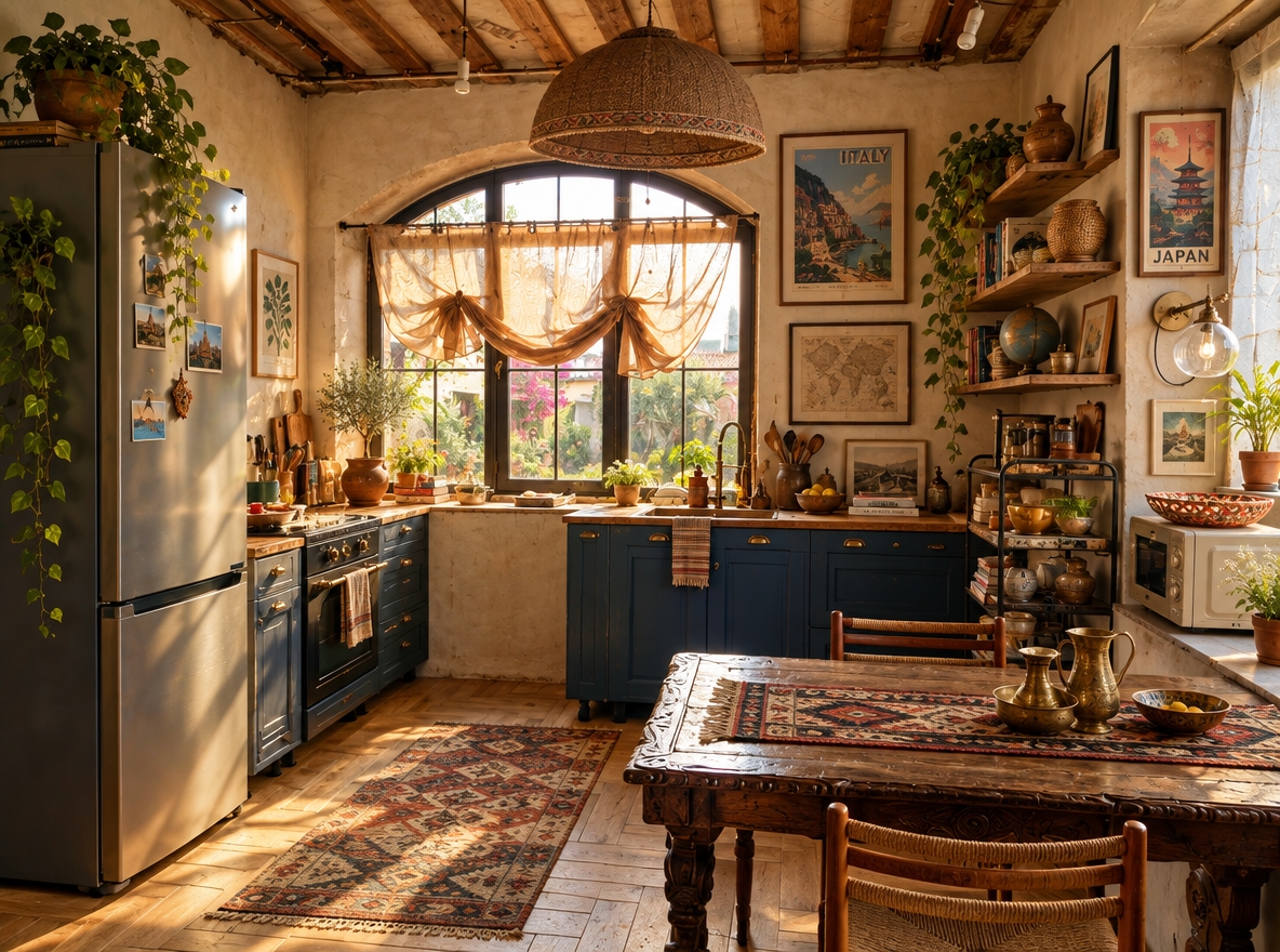 An incredibly lifelike, richly detailed, photorealistic wide-angle interior photograph of an eclectic traveler's trove kitchen set in a character-filled rustic home. The scene is illuminated by golden late-afternoon sunlight streaming through the expansive arched window, creating a warm, cultured, and nostalgic atmosphere. Captured with a 35mm f/2.8 lens, emphasizing rich lime-washed plaster textures, exposed raw timber ceiling beams, and intricate global textiles, the space is completely transformed into an adventurous sanctuary. Deep indigo and terracotta base cabinets are topped with warm butcher block and honed soapstone, complemented by open reclaimed-wood shelving adorned with stacked photography books, artisanal hand-thrown ceramics, and gathered travel artifacts. The vintage carved-wood dining table is styled with an authentic Kilim runner, mid-century woven chairs, and brass vessels, while curated vintage travel posters, botanical prints, and framed sepia maps grace the walls. Flourishing indoor plants—including a potted olive tree and cascading pothos—breathe life into the space, perfectly harmonizing with the herringbone-patterned floor and looking out onto a lush, sun-drenched courtyard garden.